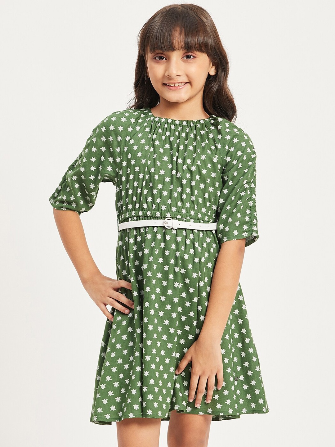 

Purple United Kids Girls Floral Printed Belted Fit & Flare Dress, Green