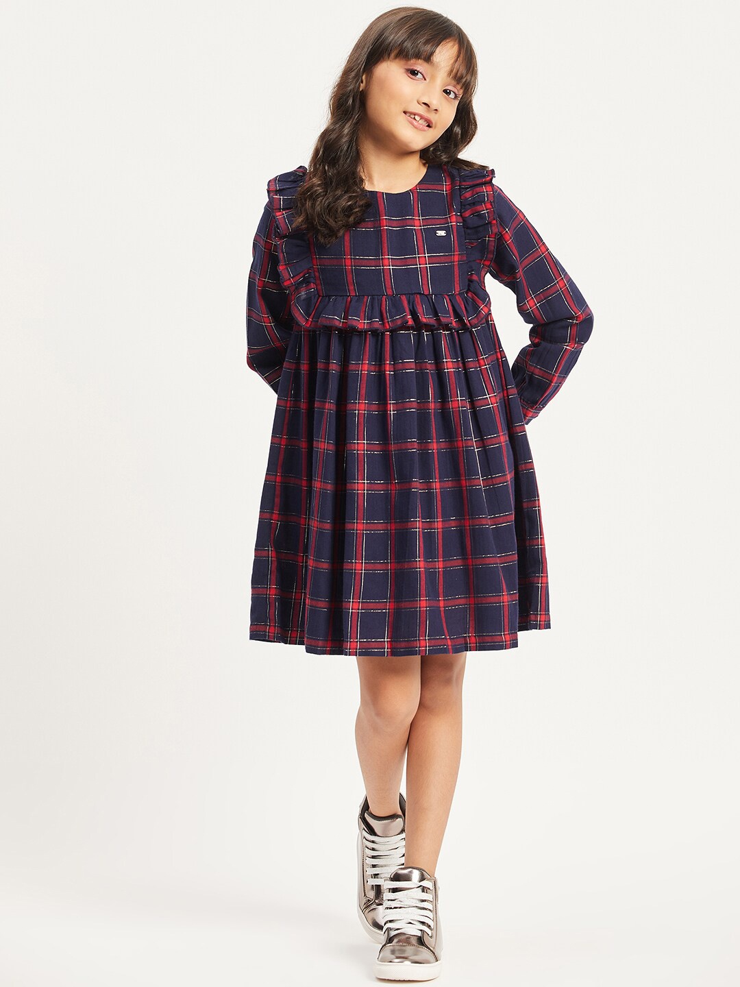 

Purple United Kids Girls Checked Ruffles Cotton Fit & Flare Dress, Navy blue