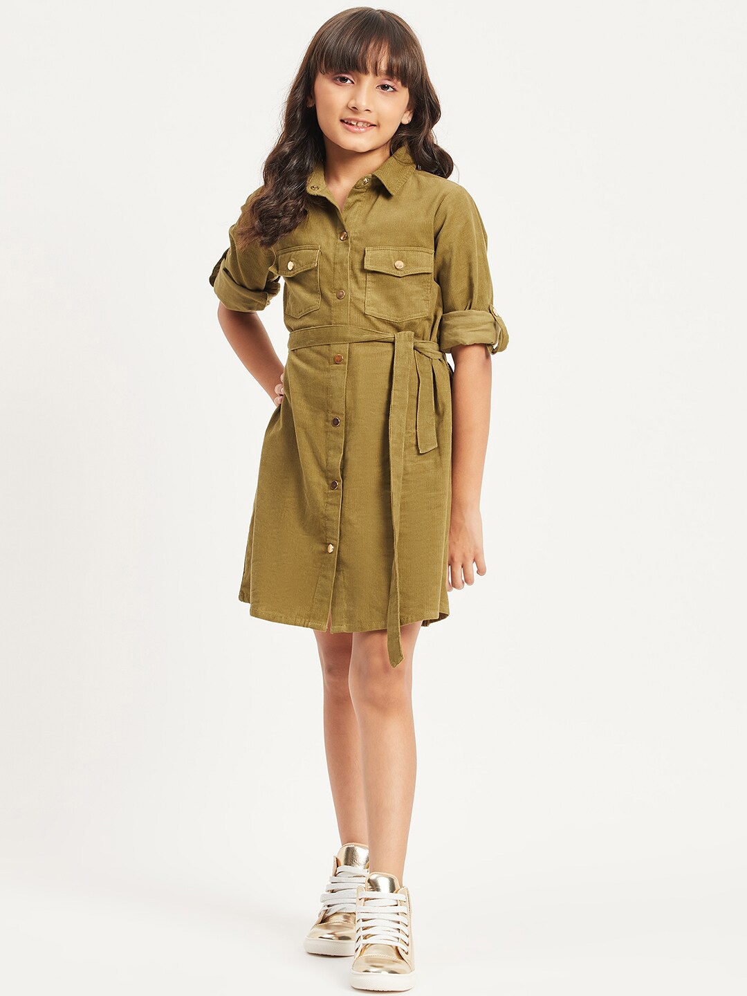 

Purple United Kids Girls Roll Up Sleeves Cotton Corduroy Tie Up Shirt Dress With Belt, Green