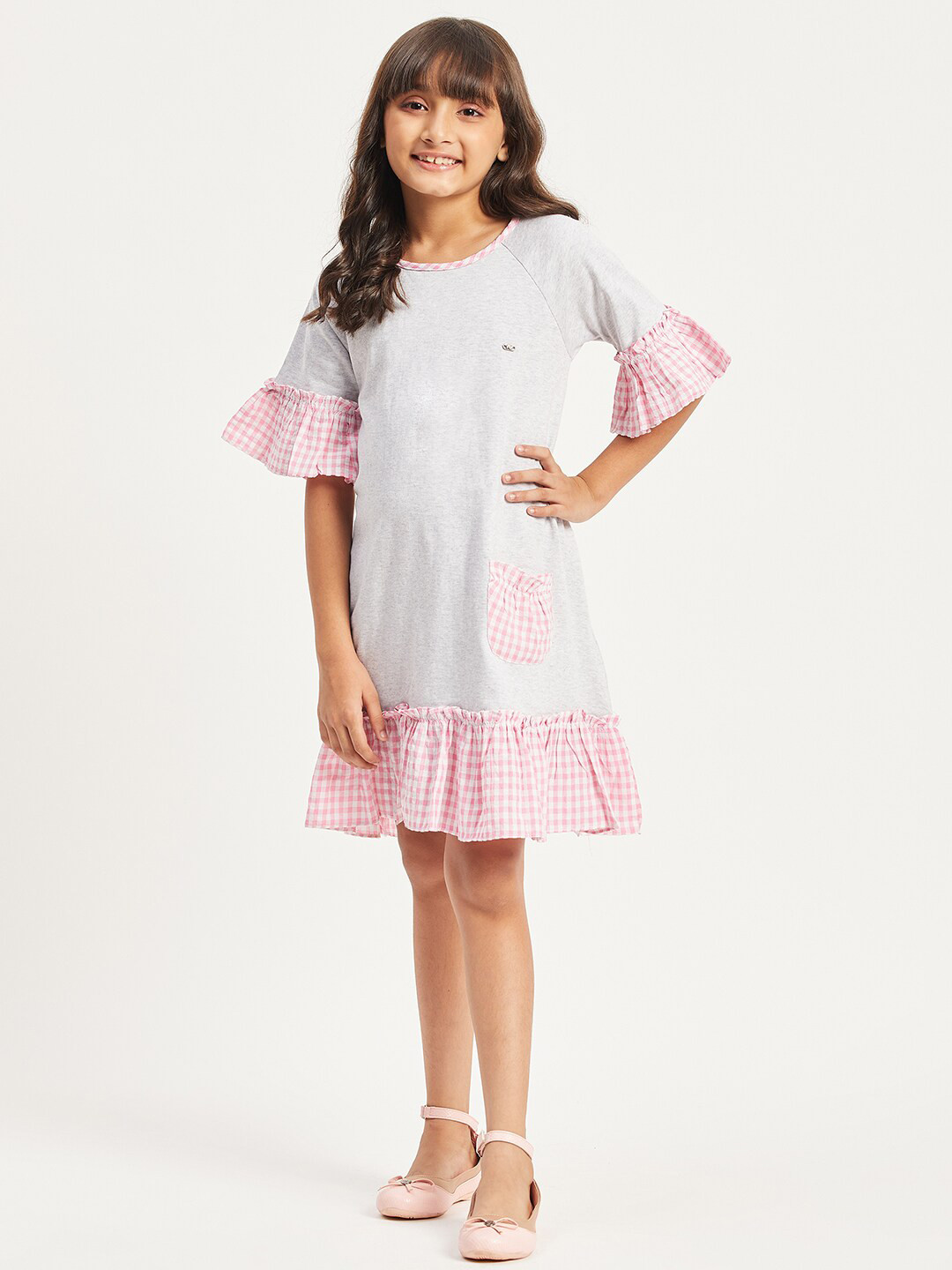 

Purple United Kids Girls Checked Bell Sleeves Fit & Flare Cotton A-Line Dress, Grey
