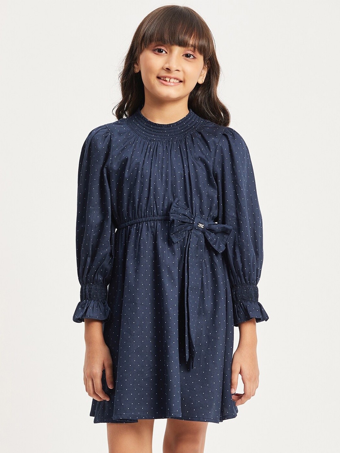 

Purple United Kids Girls Polka Dots Printed Smocked Bow A-Line Dress, Navy blue