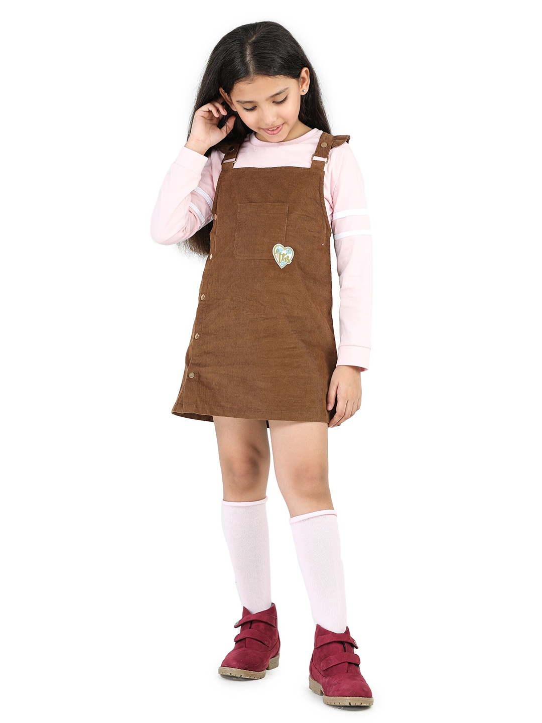 

Purple United Kids Shoulder Straps Cotton Pinafore Dress, Brown