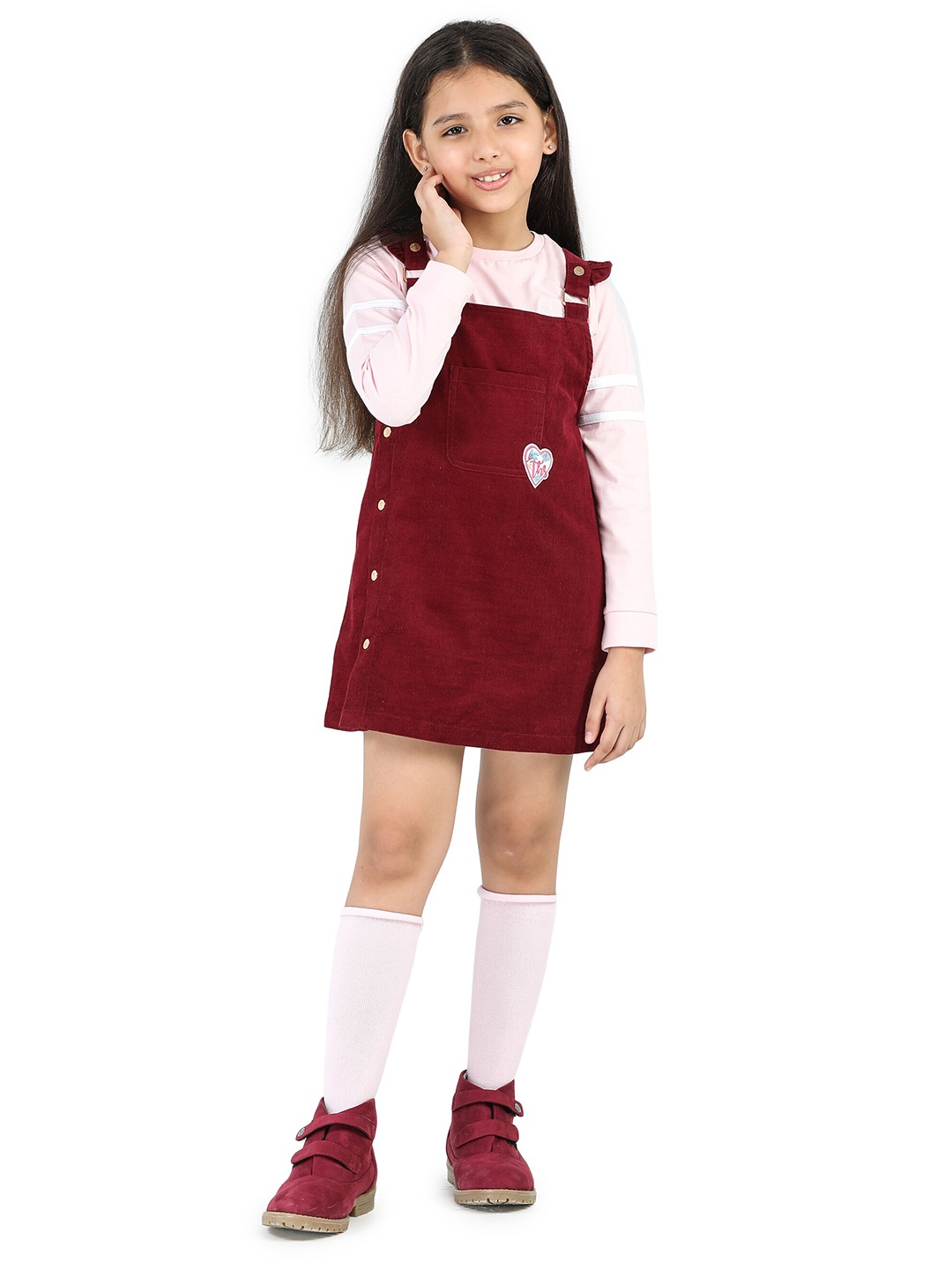 

Purple United Kids Girls Shoulder Straps Cotton Pinafore Dress, Burgundy