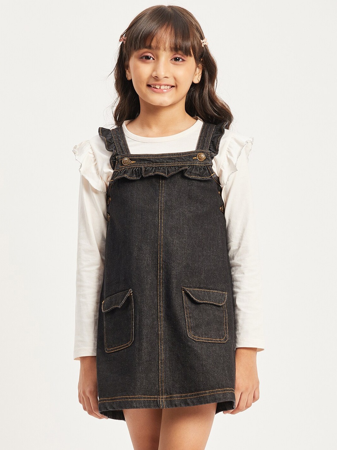 

Purple United Kids Shoulder Straps Cotton Pinafore Dress, Black