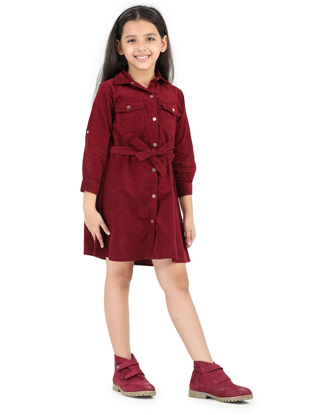 

Purple United Kids Girls Cuffed Sleeves Cotton Corduroy Shirt Dress, Burgundy