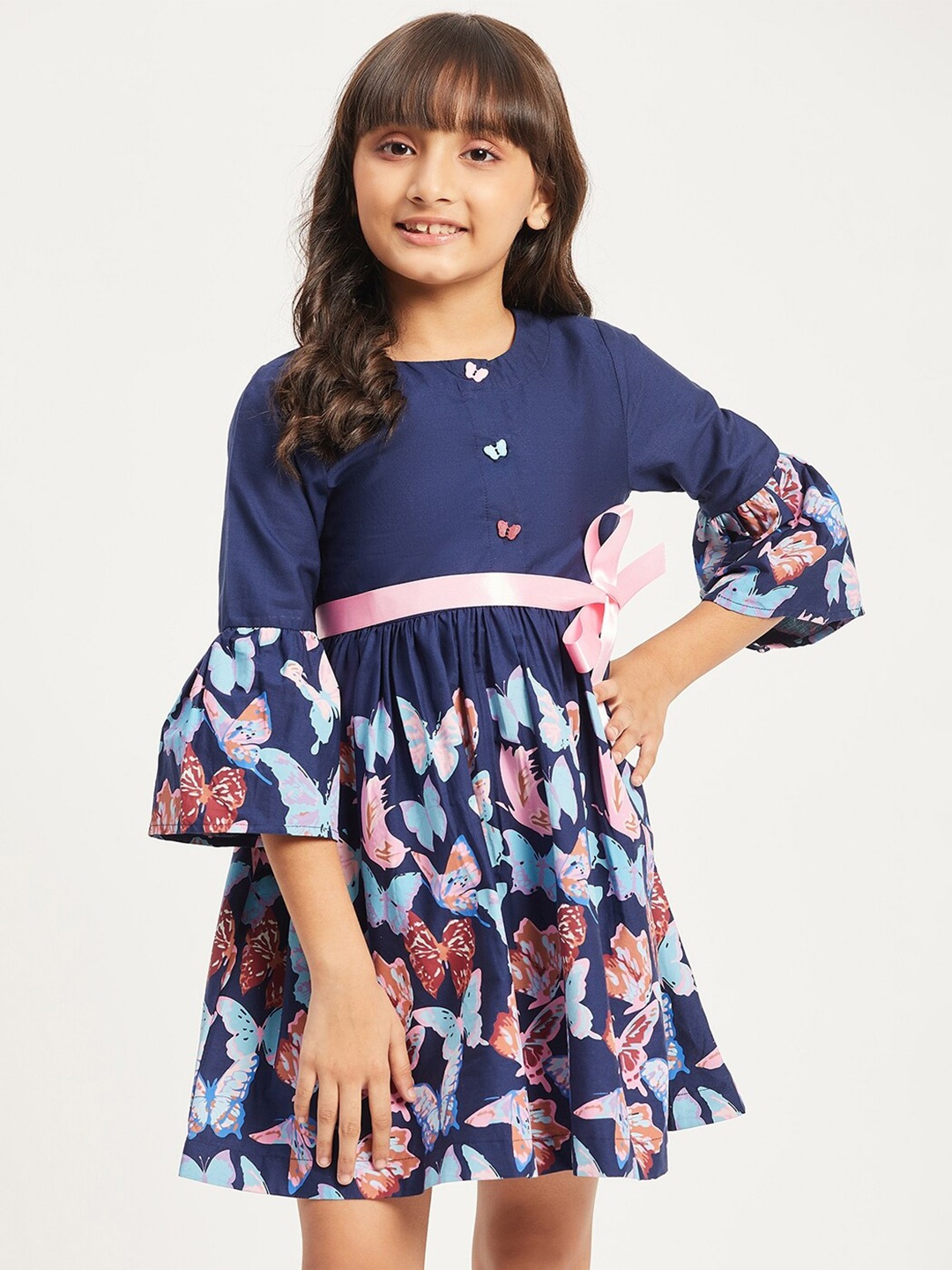 

Purple United Kids Girls Conversational Printed Bell Sleeves Cotton Fit & Flare Dress, Navy blue