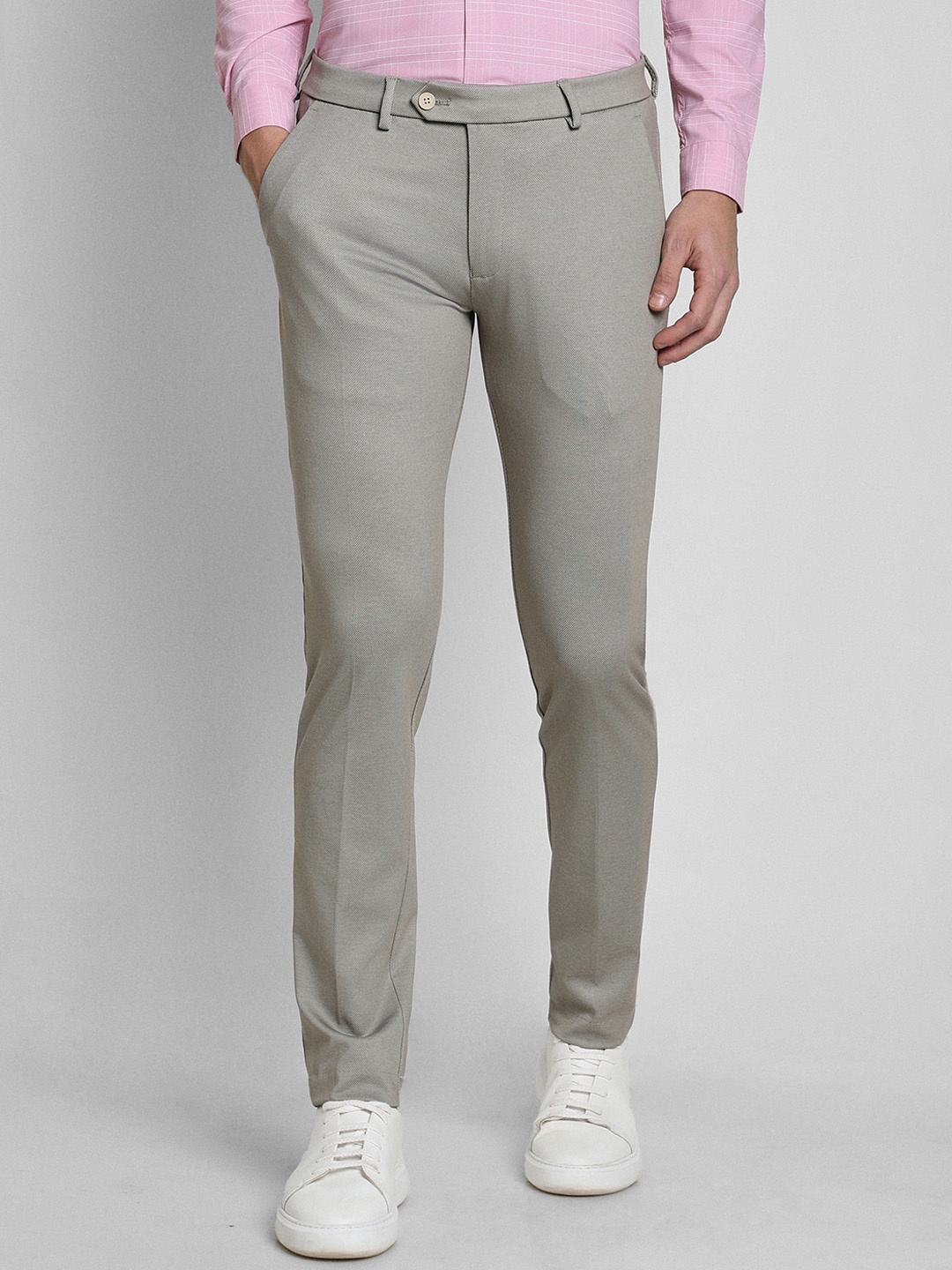 

Peter England Men Textured Mid-Rise Slim Fit Formal Trousers, Grey
