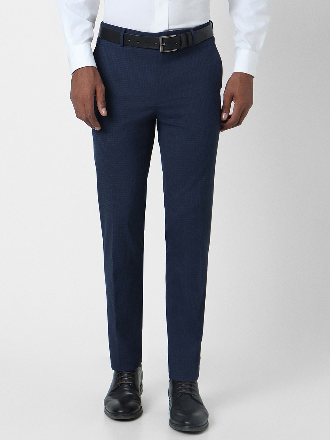 

Peter England Men Checked Mid-Rise Slim Fit Formal Trousers, Navy blue