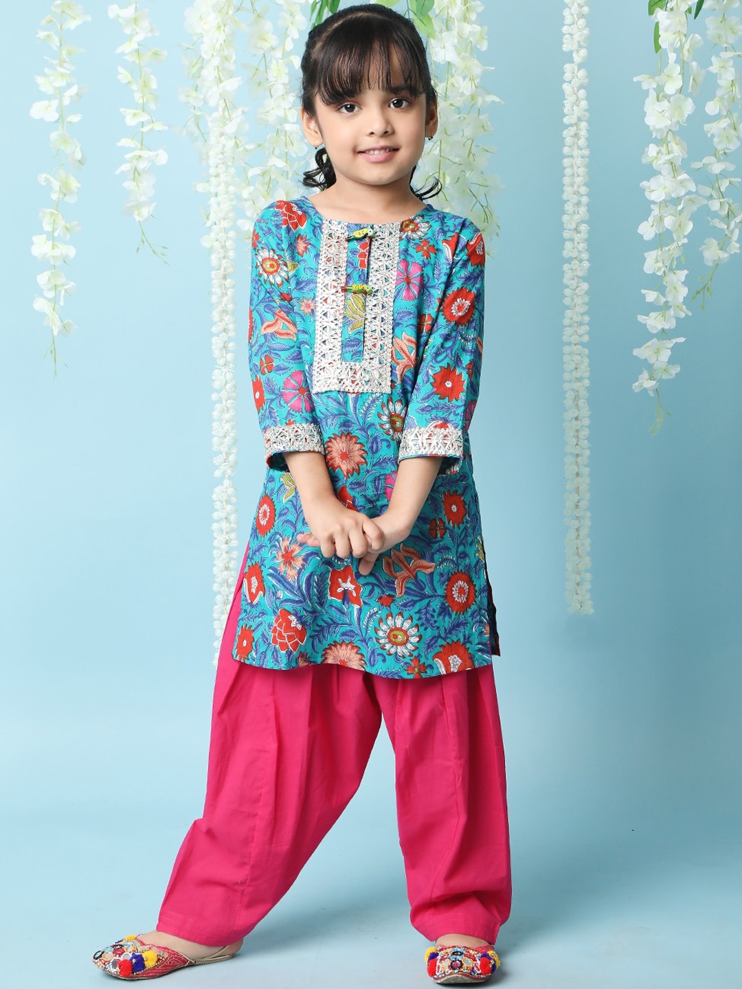 

KID1 Girls Floral Printed Lace Pure Cotton Kurta With Salwar, Blue