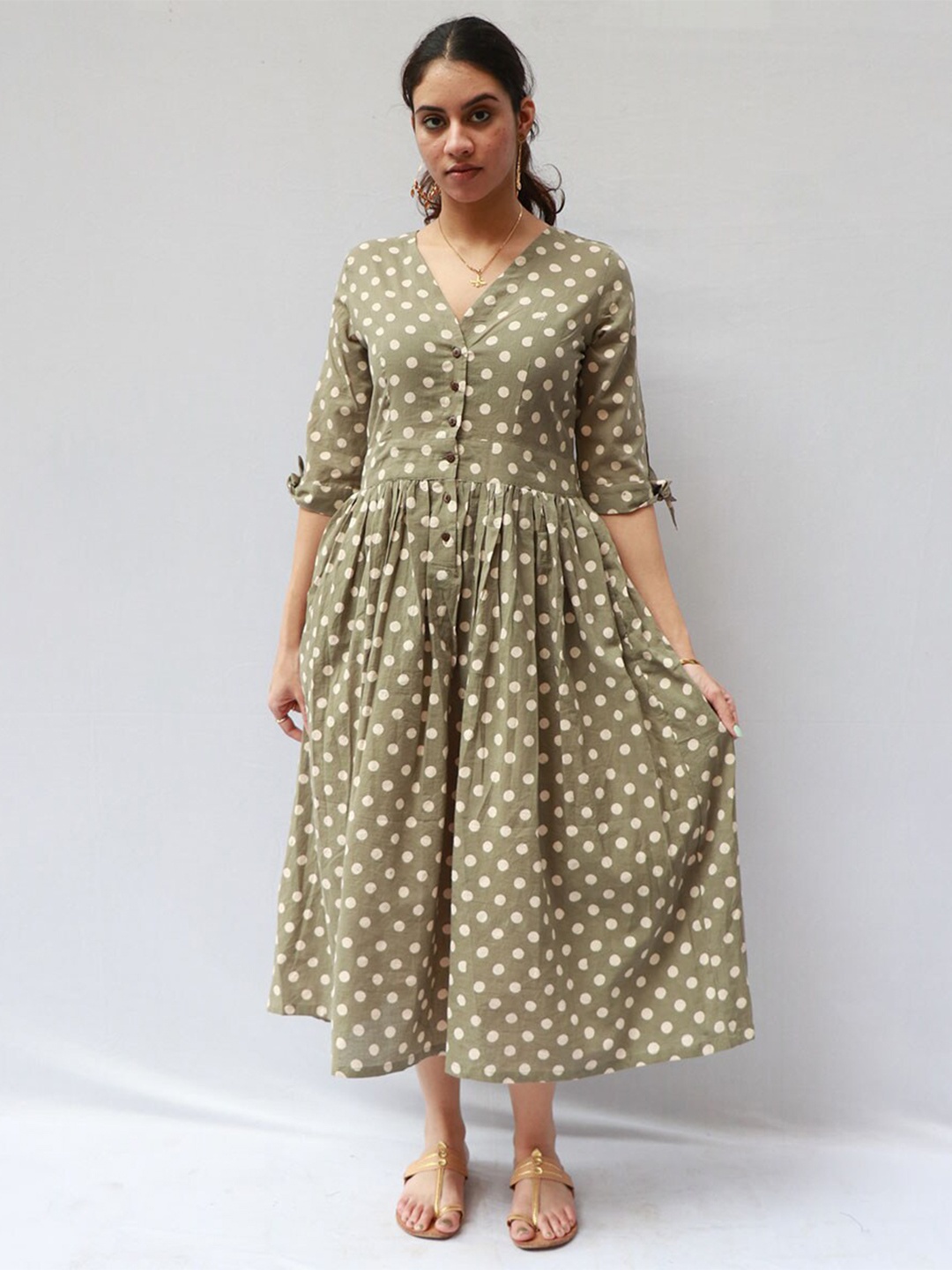 

Chidiyaa Polka Dots Printed Cotton Fit and Flare Midi Dress, Olive