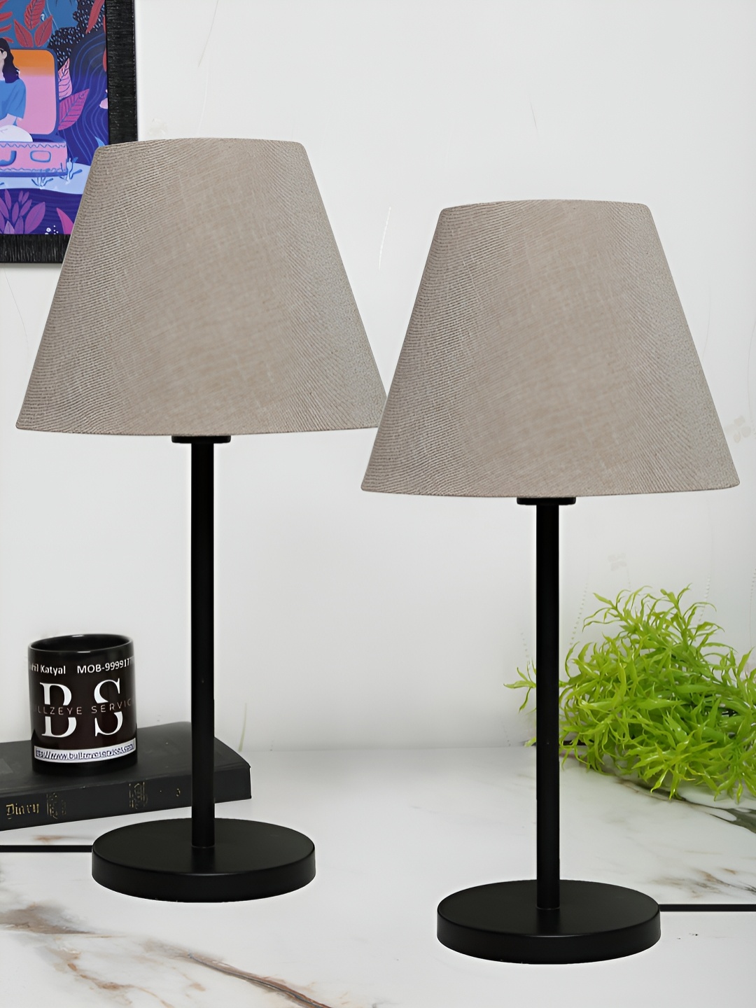 BTR CRAFTS Raven Khaki & Black 2 Pcs Textured Jute Frustum Table Lamp & Adjustable Cord