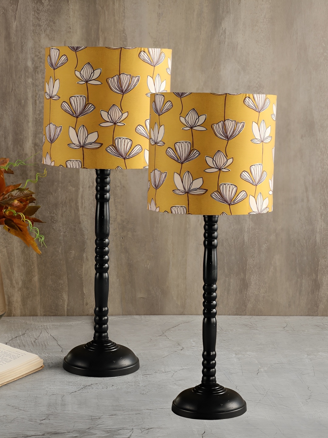 BTR CRAFTS Mustard 2 Pieces Printed Table Lamps with Adjustable Cord