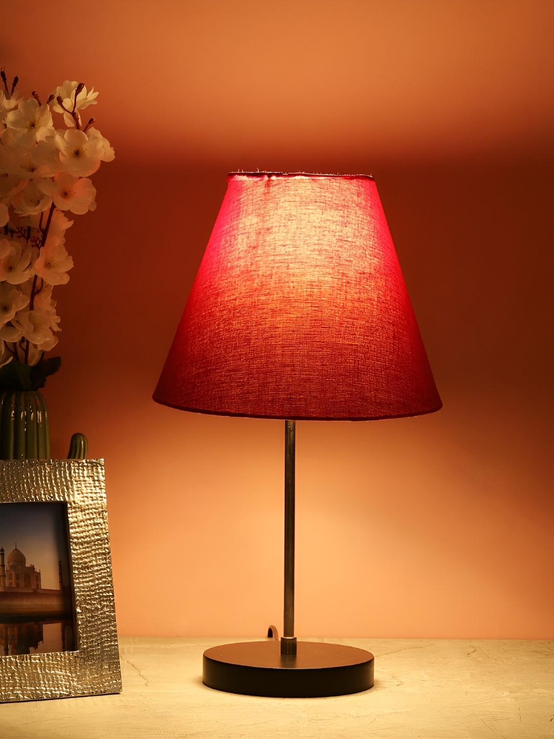 

BTR CRAFTS Red & Silver Toned Frustum Shaped Metal Table Lamp & Adjustable Cord