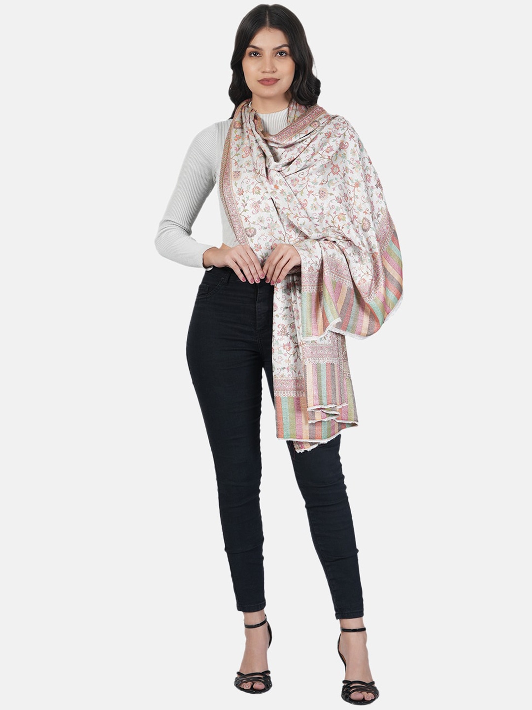 

MUFFLY Floral Kashmiri Jamawar Woven-Design Bamboo Silk Shawl, White