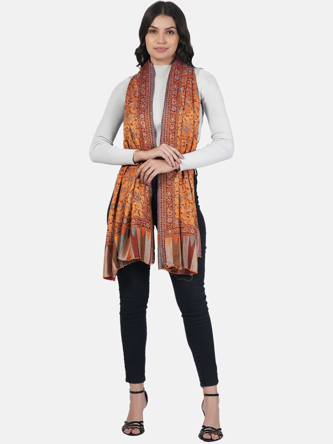 

MUFFLY Floral Woven Design Bamboo Silk Shawl, Orange