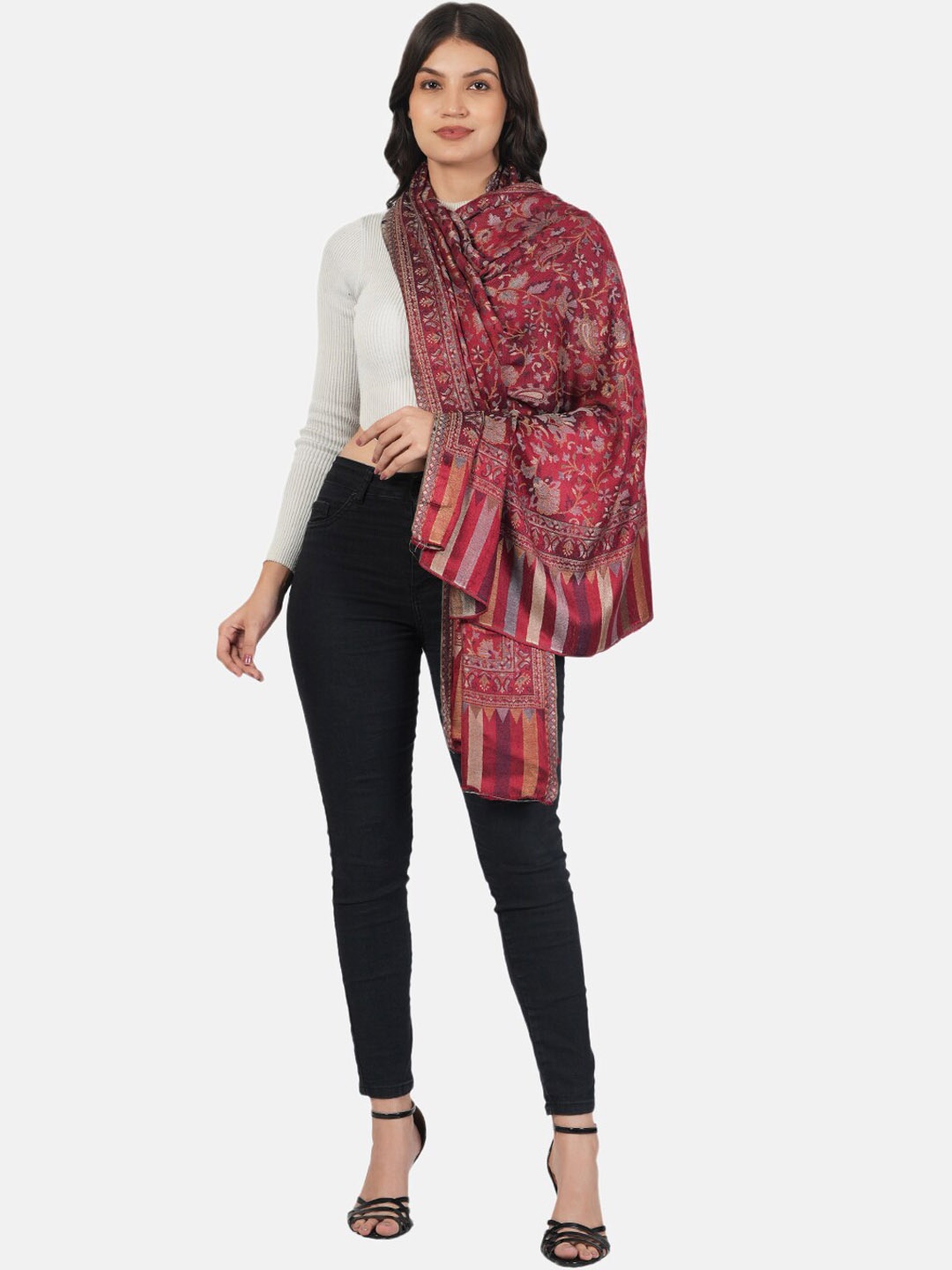 

MUFFLY Floral Kashmiri Jamawar Woven-Design Bamboo Silk Shawl, Maroon