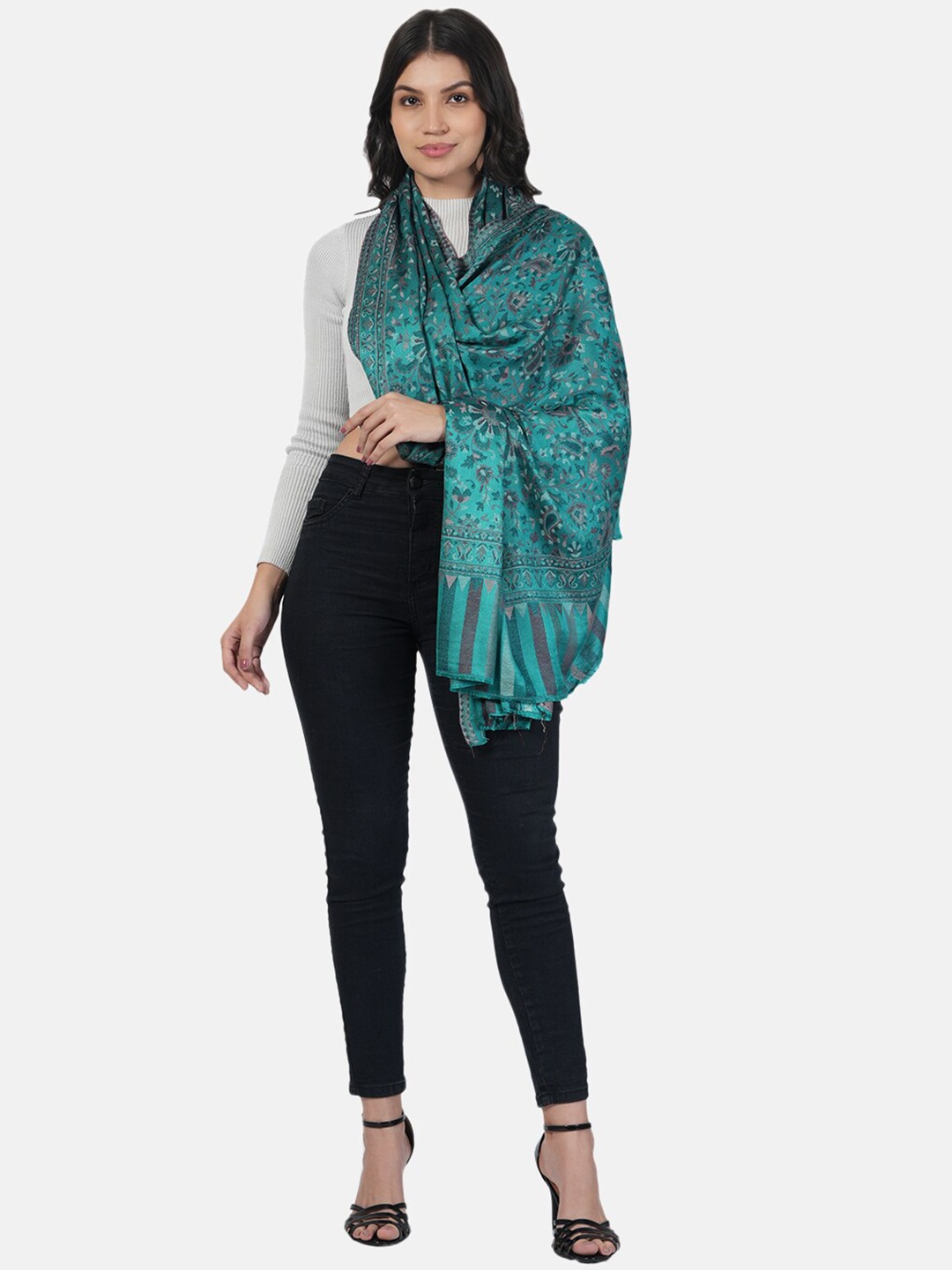 

MUFFLY Floral Kashmiri Jamawar Woven-Design Bamboo Silk Shawl, Green