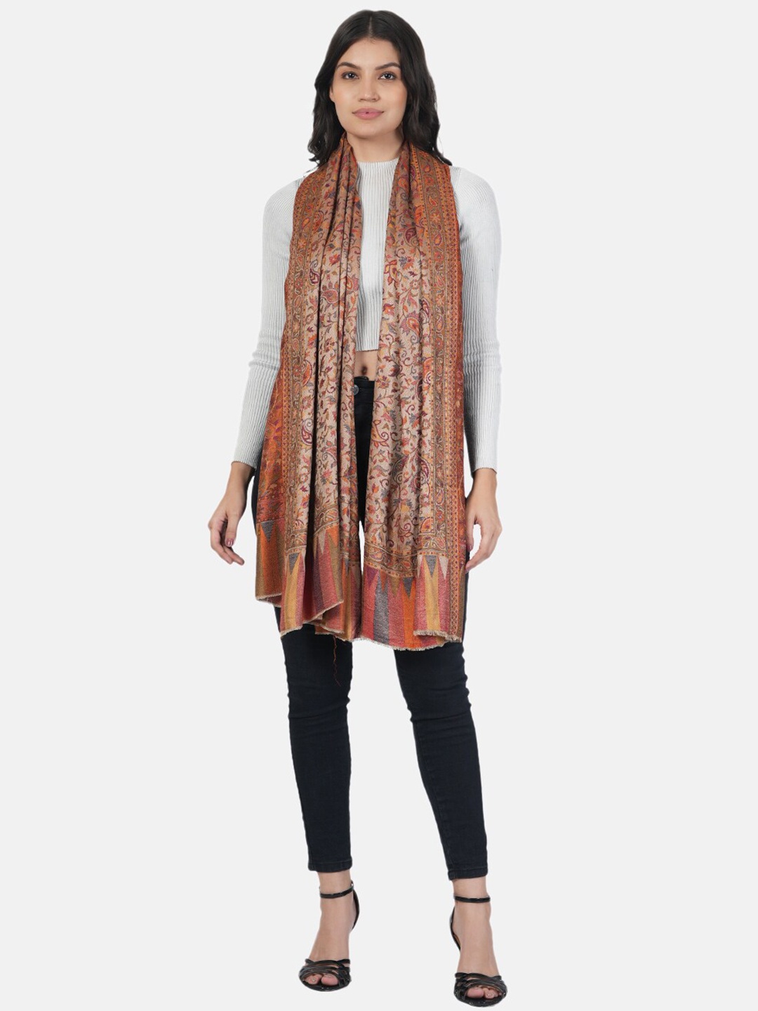 

MUFFLY Floral Kashmiri Jamawar Woven-Design Bamboo Silk Shawl, Beige
