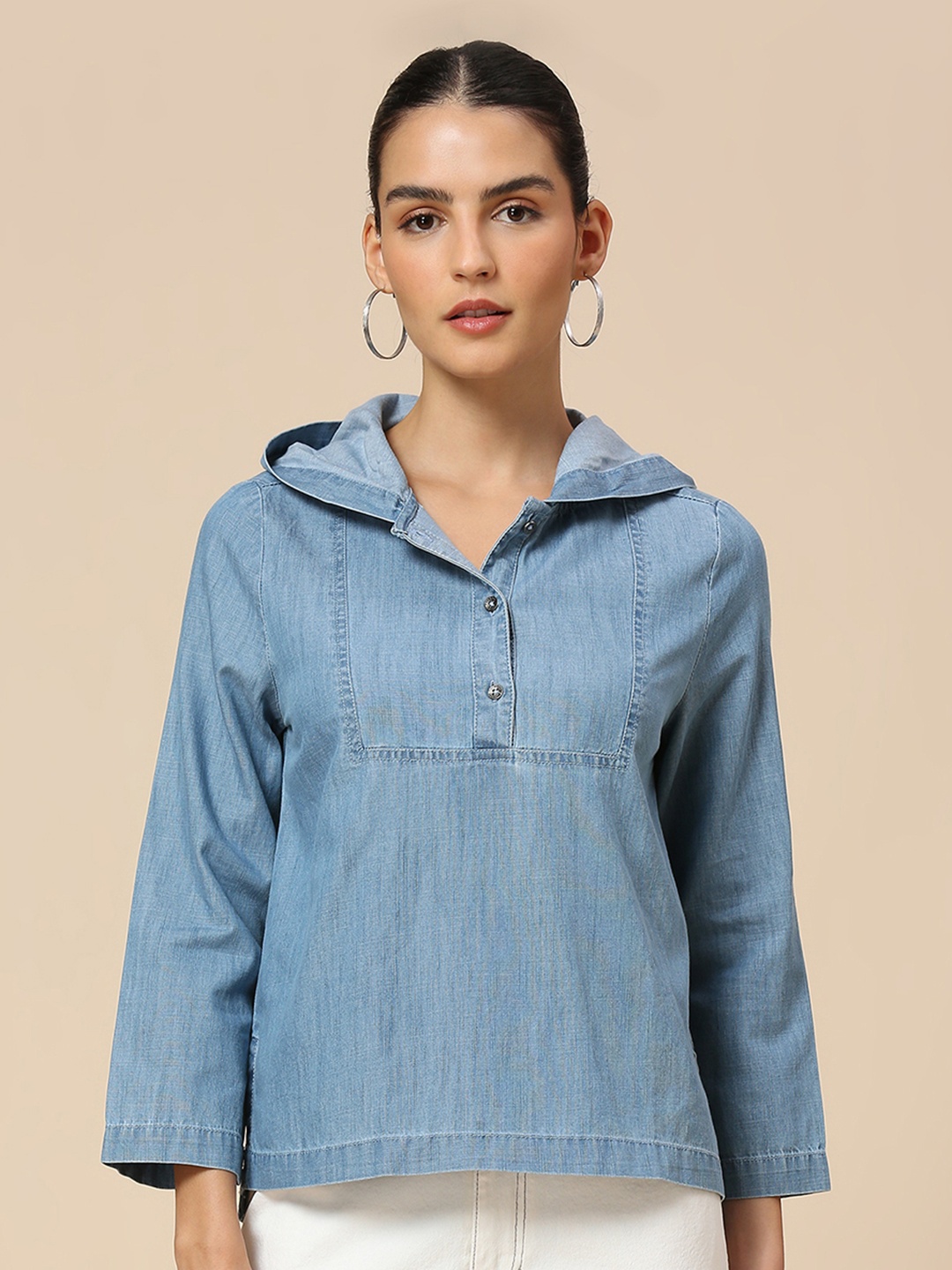 

Chemistry Denim Hooded Shirt Style Top, Blue