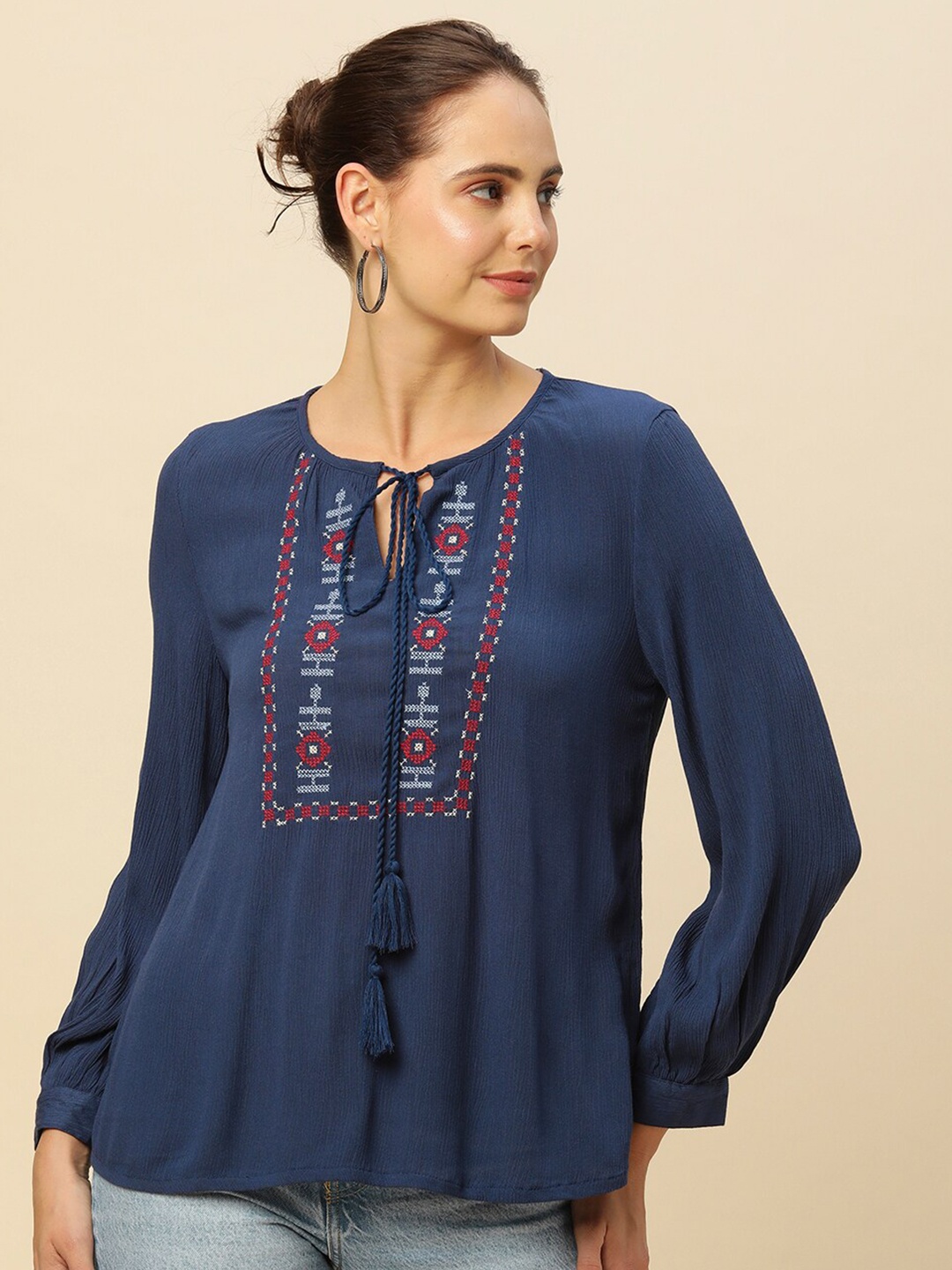 

Chemistry Ethnic Motifs Embroidered Tie-Up Neck Ethnic Top, Navy blue