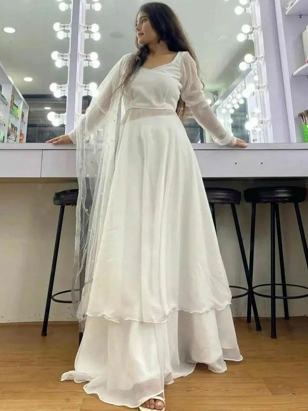 

Twika Women Woven Design Anarkali Kurta with Sharara & With Dupatta, Off white