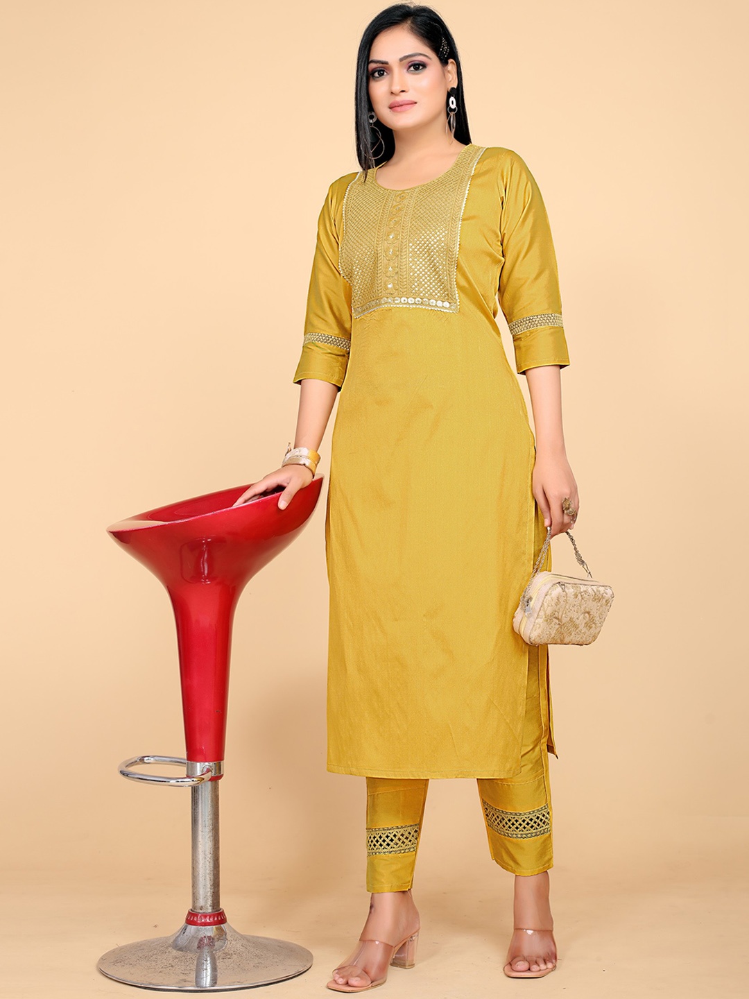 

Twika Ethnic Motifs Yoke Design Sequinned Kurta with Trousers, Mustard