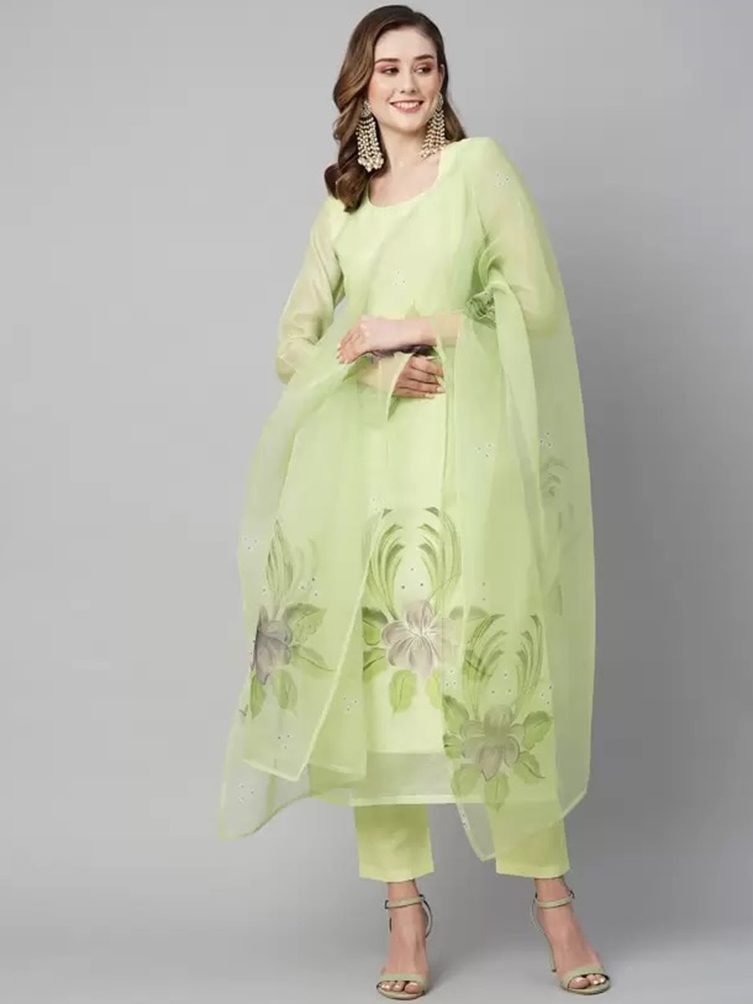 

Twika Floral Printed Organza Kurta with Trousers & Dupatta, Lime green