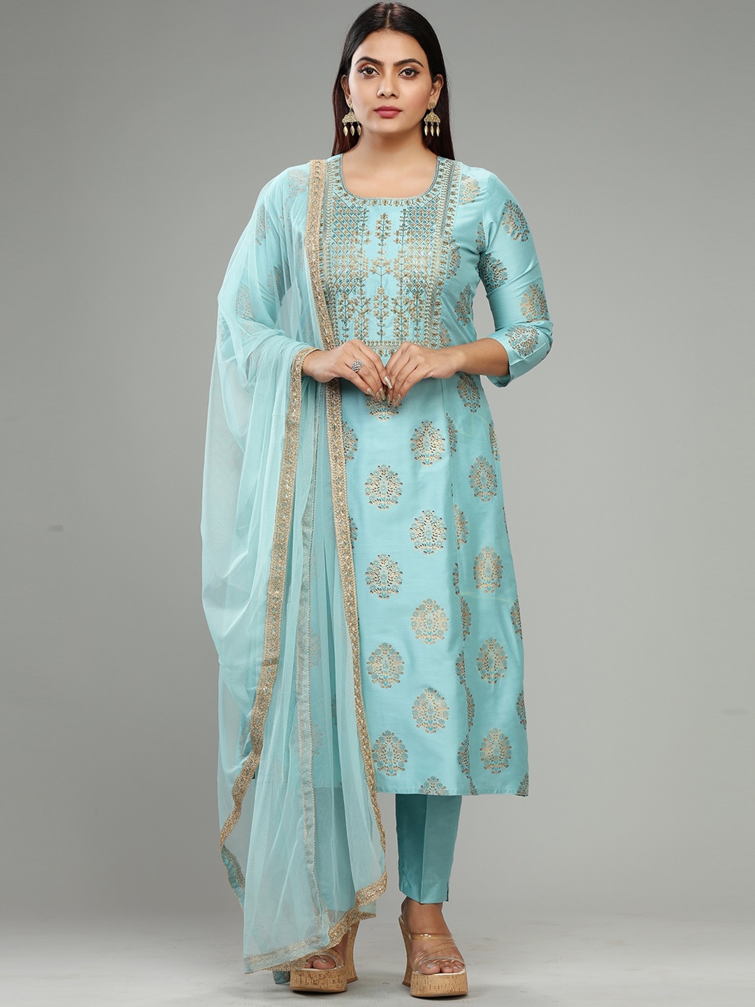 

COTTON CULTURE Ethnic Motifs Foil Printed Thread Work Straight Kurta & Trousers & Dupatta, Blue