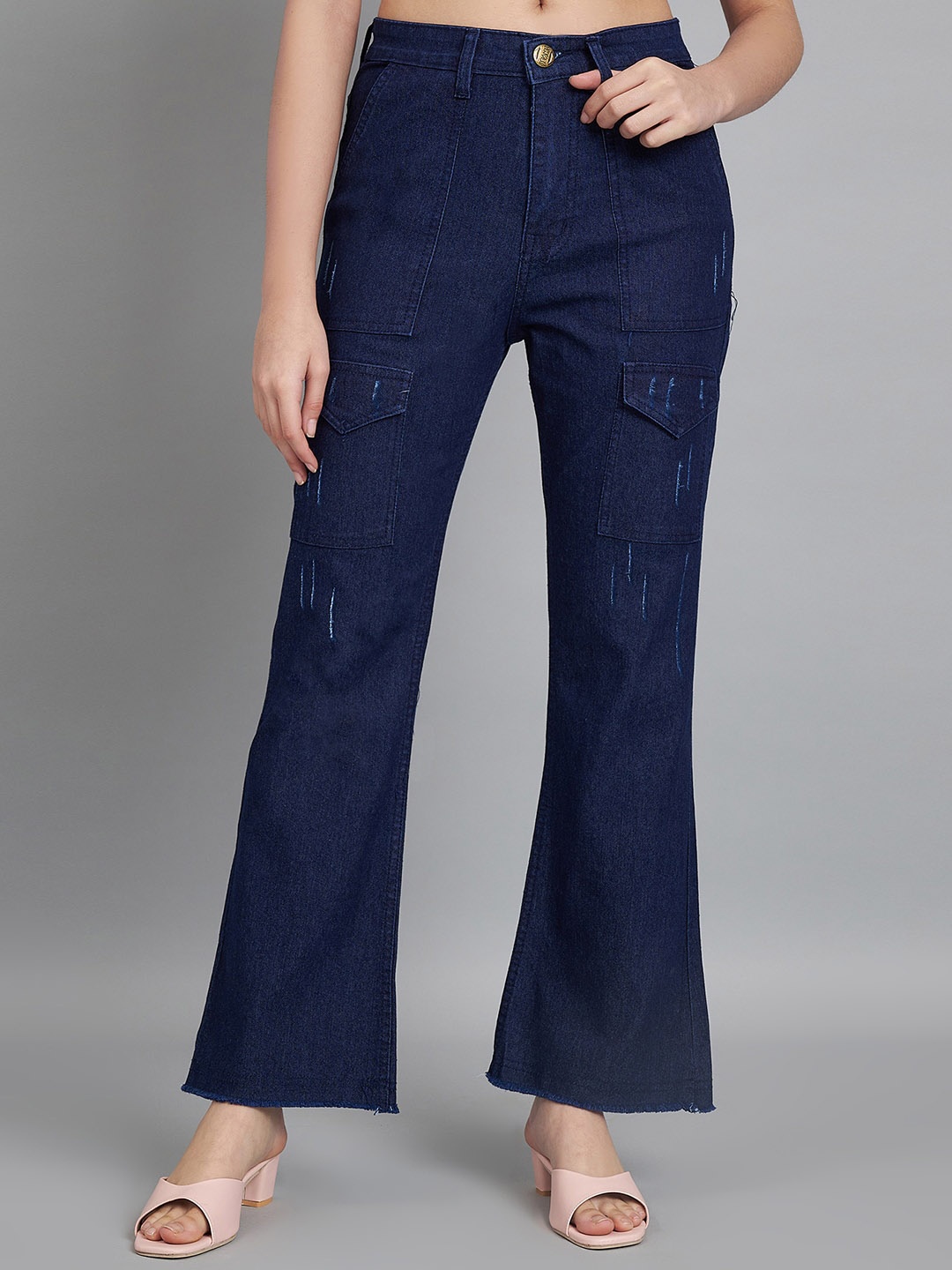 

BAESD Women Jean Bootcut High Rise Low Distress Stretchable Jeans, Navy blue