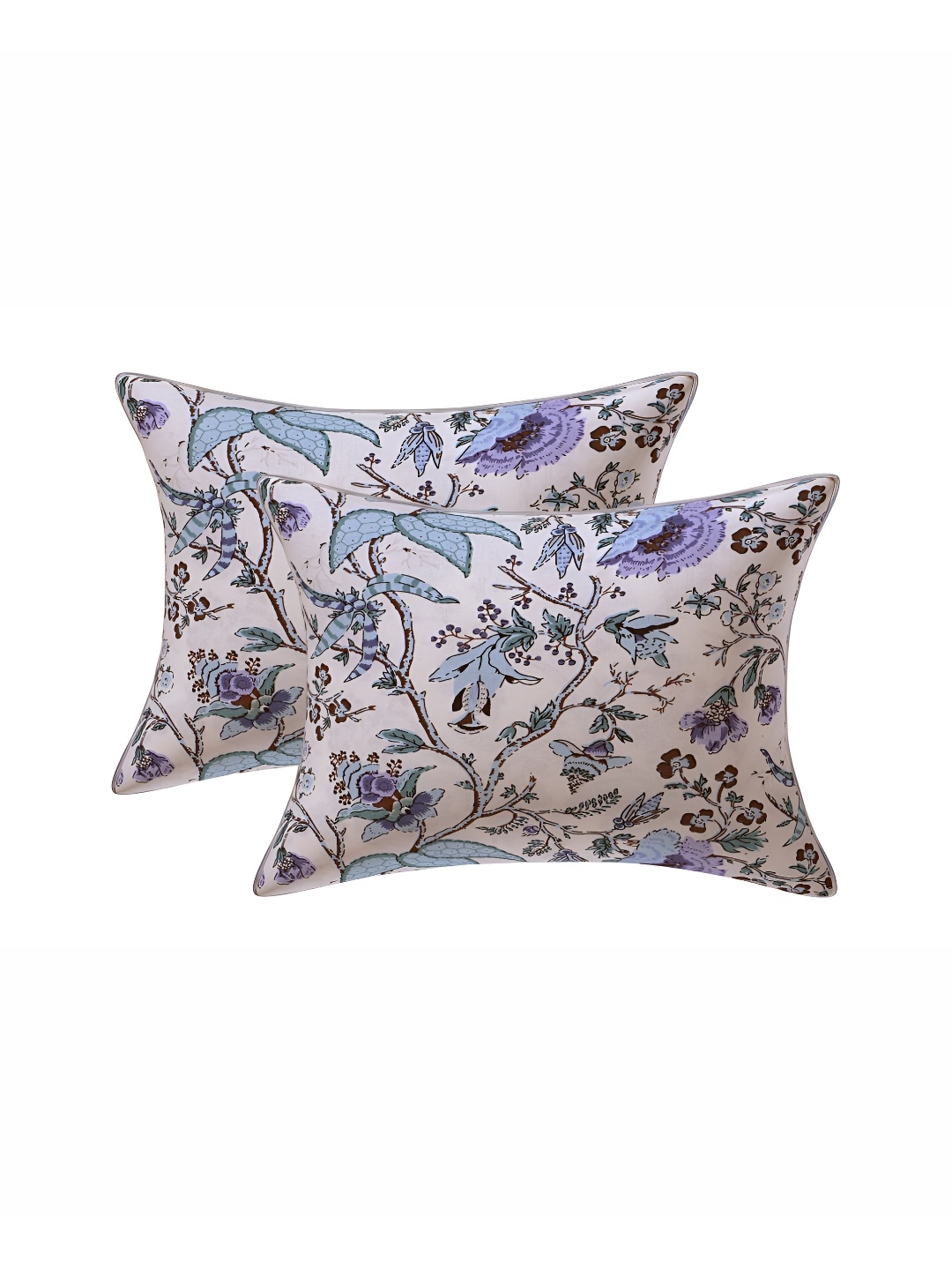 

Texstylers Beige &Green 2 Pieces Floral Printed Cotton Rectangle Cushion Covers
