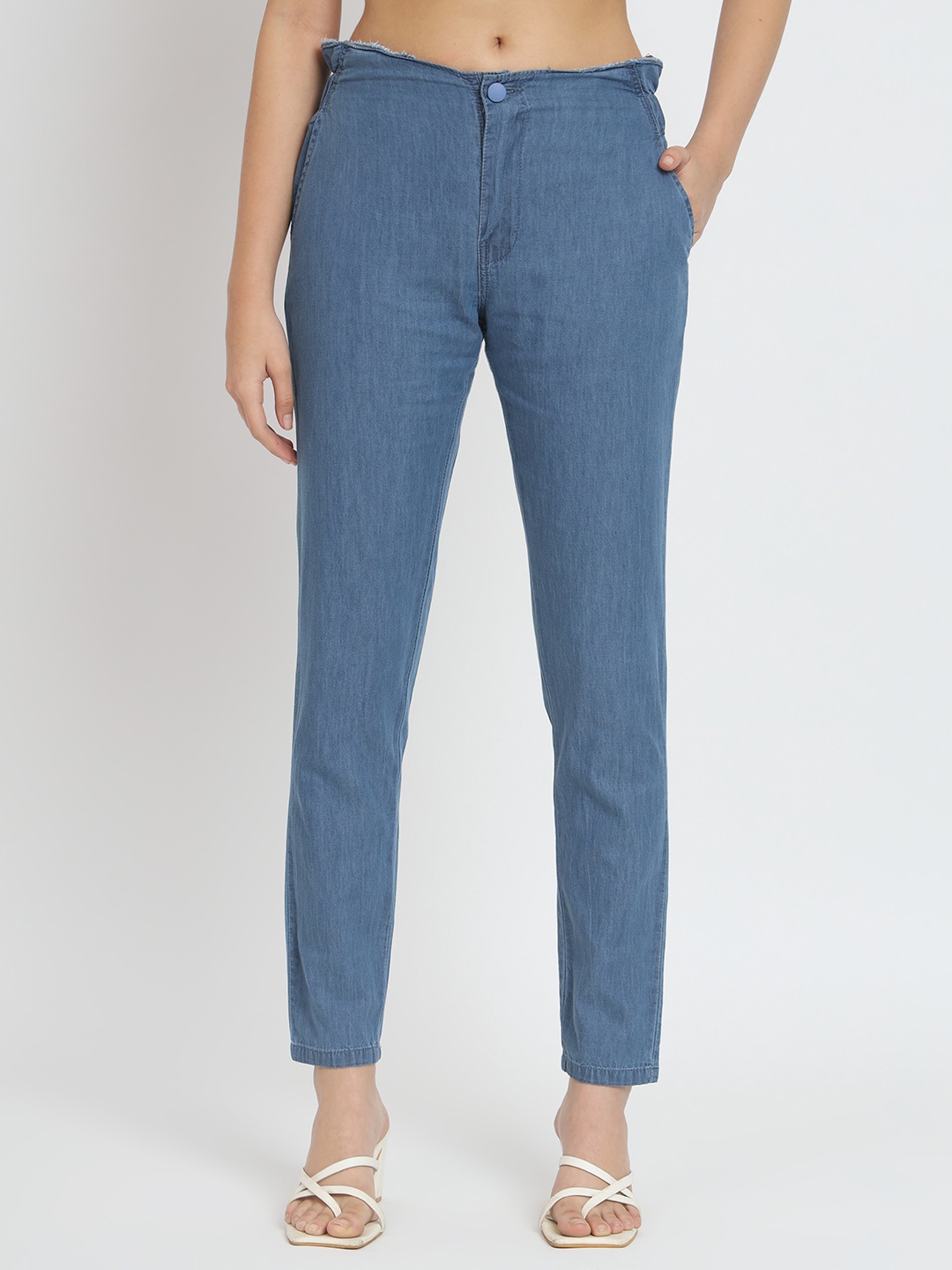 

BAESD Women Slim Fit High Rise Plain Denim Cotton Cigarette Trousers, Blue