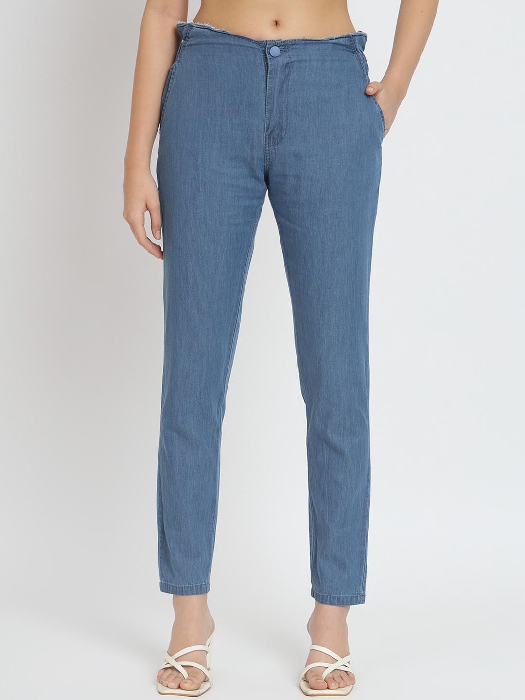 

BAESD Women Slim Fit High Rise Denim Cotton Cigarette Trousers, Blue