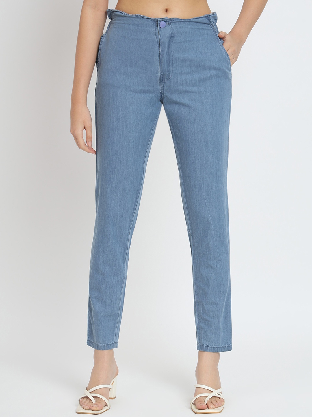 

BAESD Women Slim Fit High-Rise Plain Cotton Regular Trousers, Blue