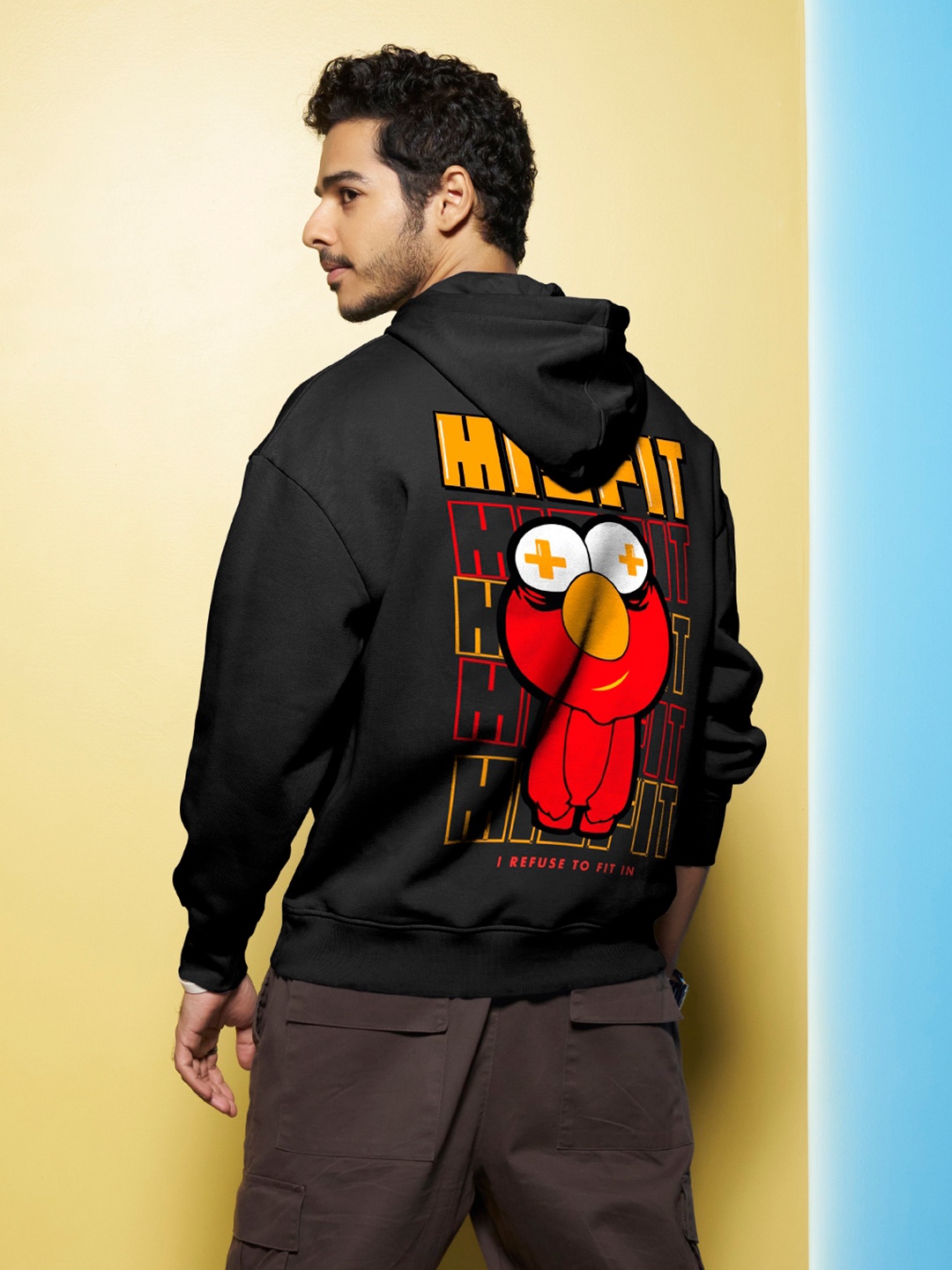 

Bewakoof Misfit Graphic Printed Hooded Oversized Fleece Pullover Sweatshirt, Black