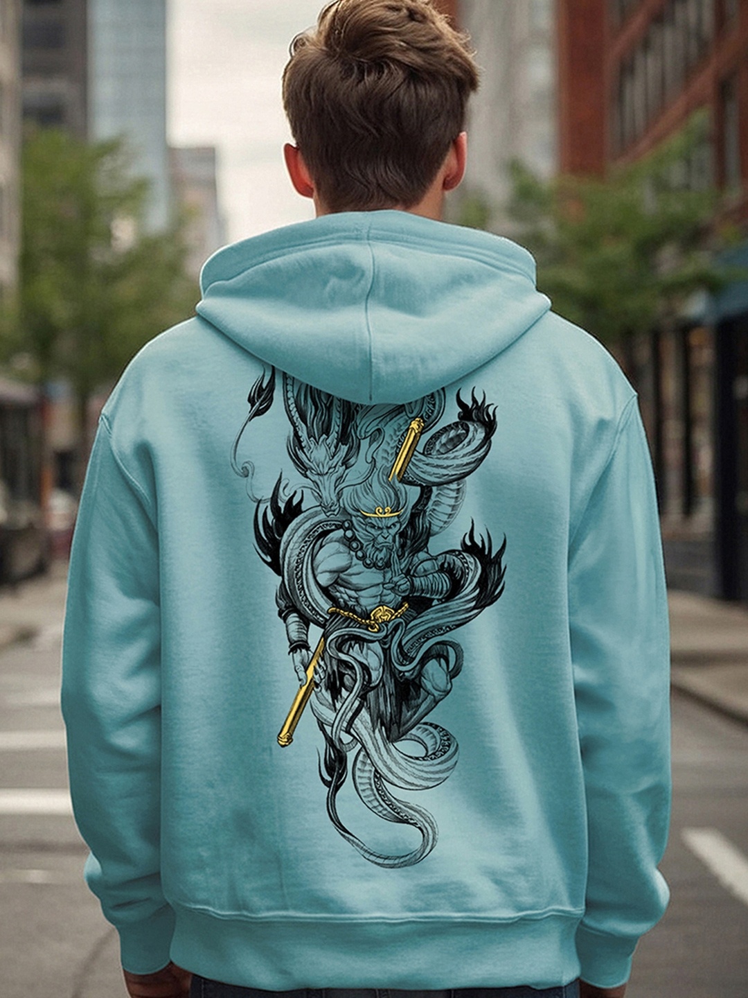 

Bewakoof Monkey King Graphic Printed Oversized Hooded Fleece Pullover Sweatshirt, Green