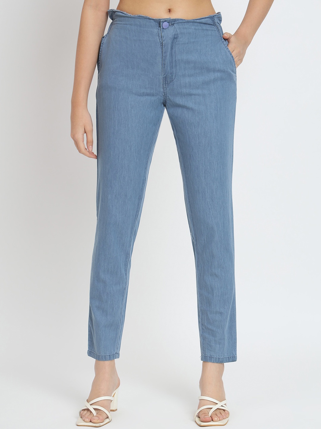 

AngelFab Women Slim Fit High Rise Cotton Denim Cropped Trousers, Blue