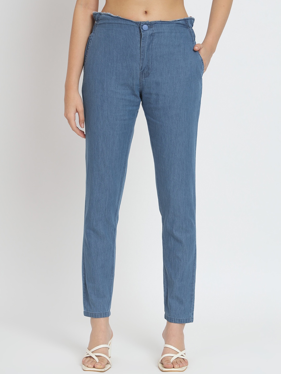 

AngelFab Women Slim Fit High-Rise Plain Cropped Cigarette Trousers, Blue