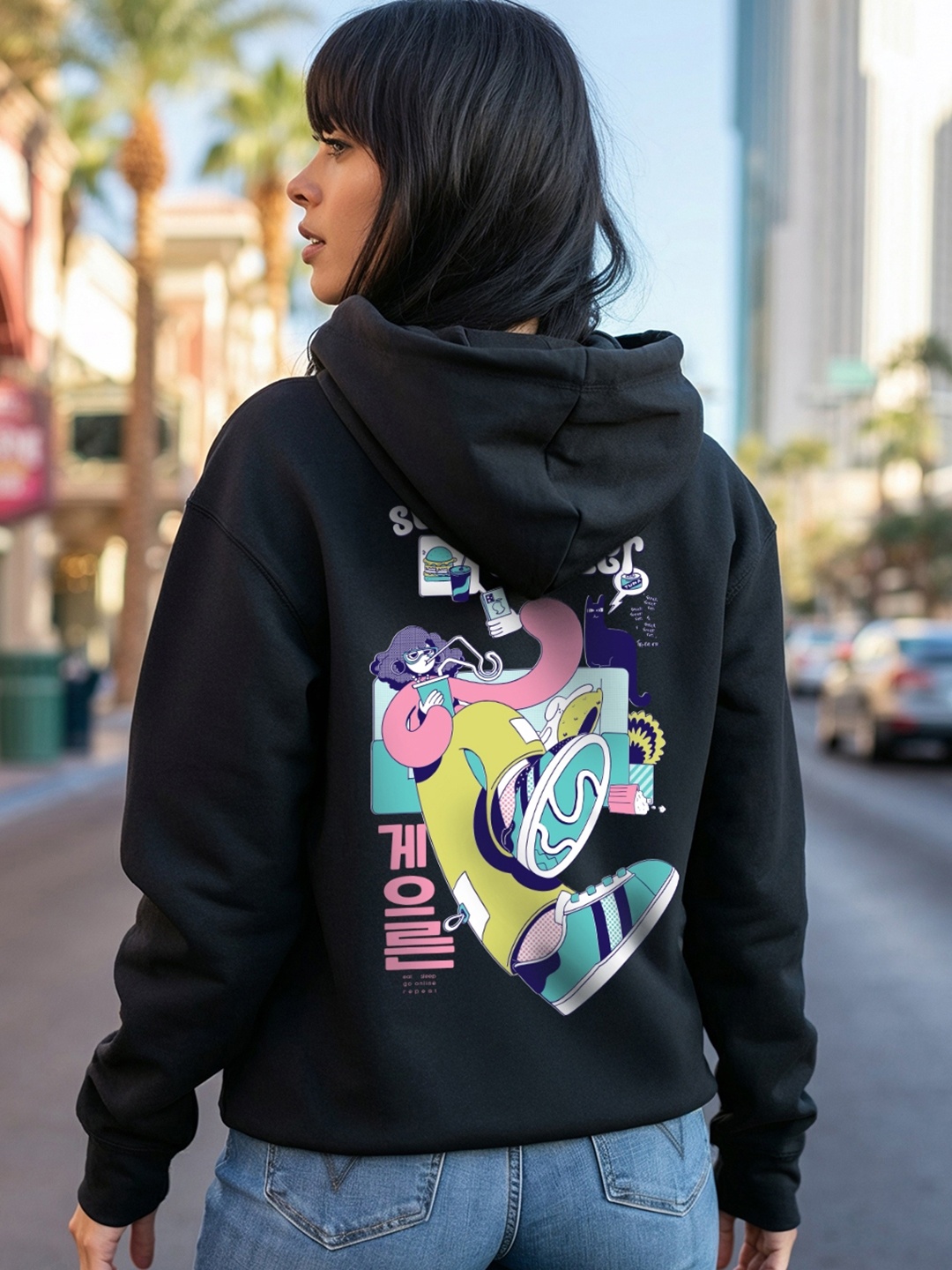 Bewakoof Black Garfield Printed Hooded Oversized Sweatshirt