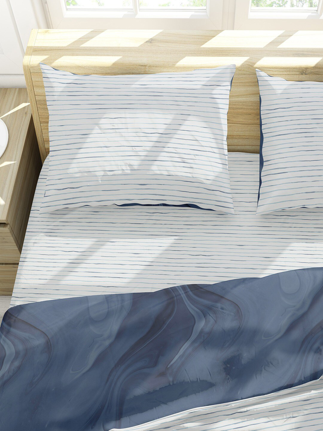 

Himeya Print Bliss White & Blue 2 Pcs Striped 300TC Pure Cotton Pillow Covers