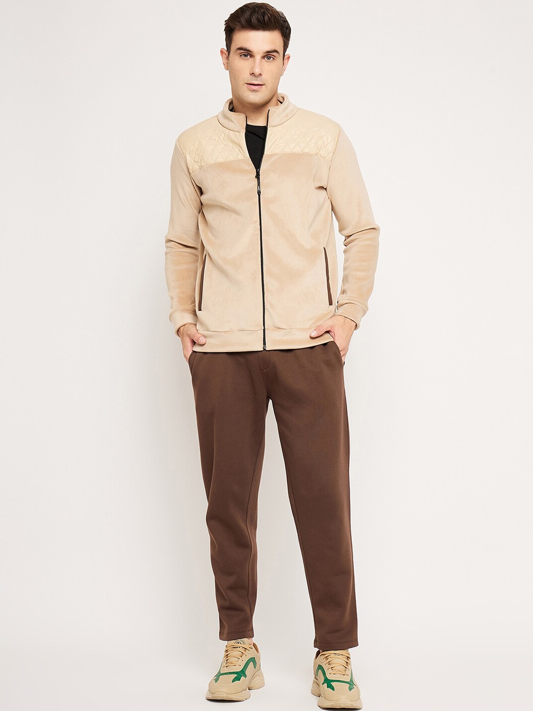 

EDRIO Zip-Up Mock Collar Mid-Rise Velour Tracksuits, Brown