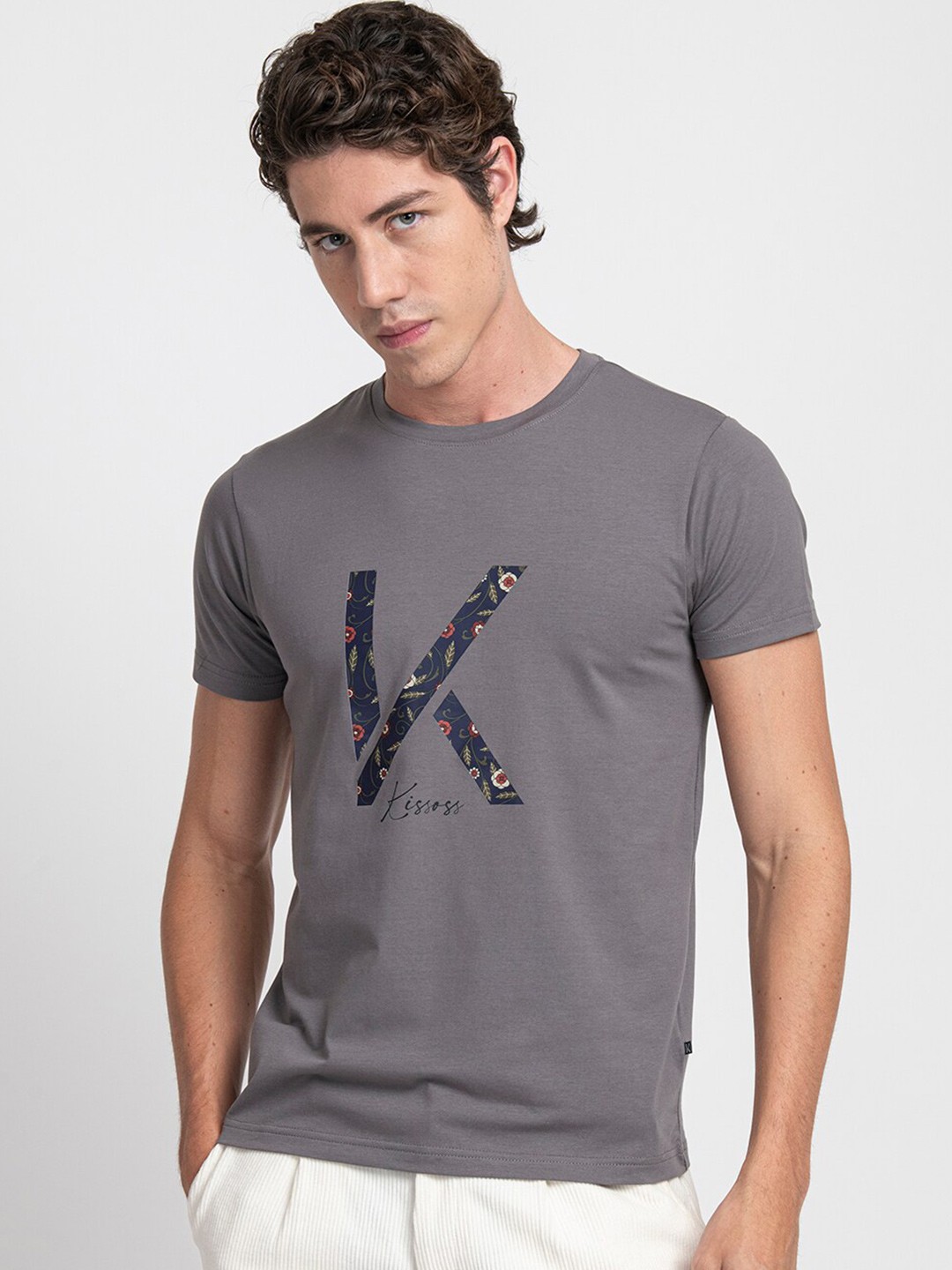 

KISSOSS Typography Printed Slim Fit Cotton T-shirt, Grey