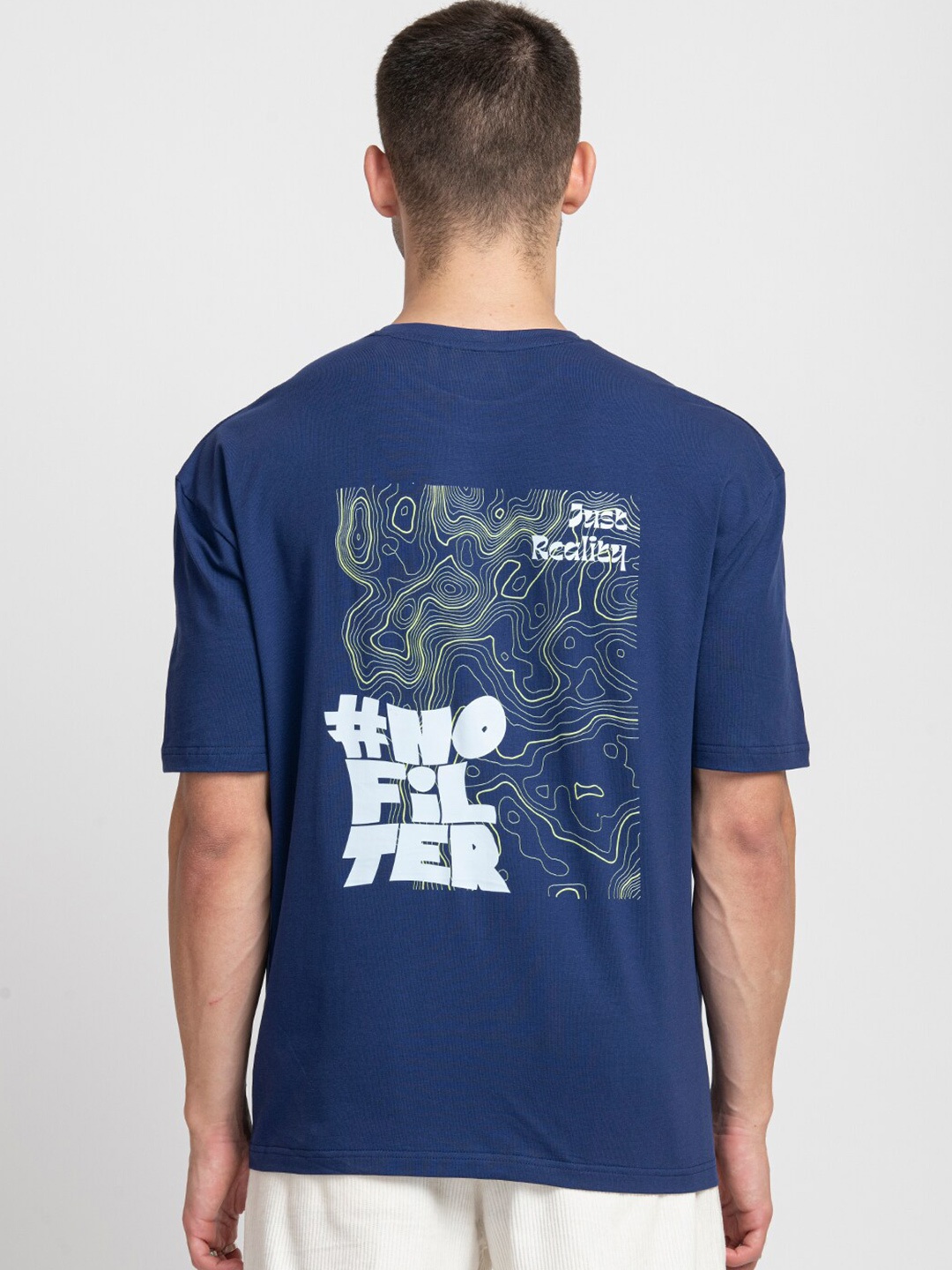 

KISSOSS Graphic Printed Drop-Shoulder Sleeves Cotton Boxy T-shirt, Navy blue