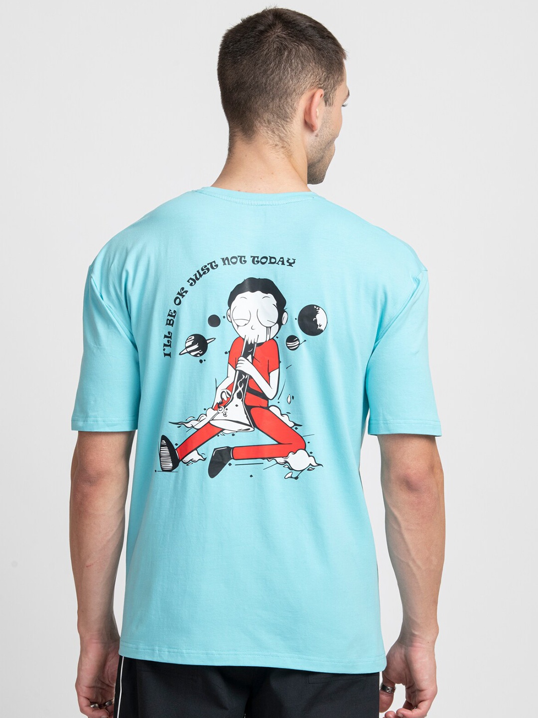 

KISSOSS Graphic Printed Drop Shoulder Sleeves Cotton Boxy T-shirt, Turquoise blue