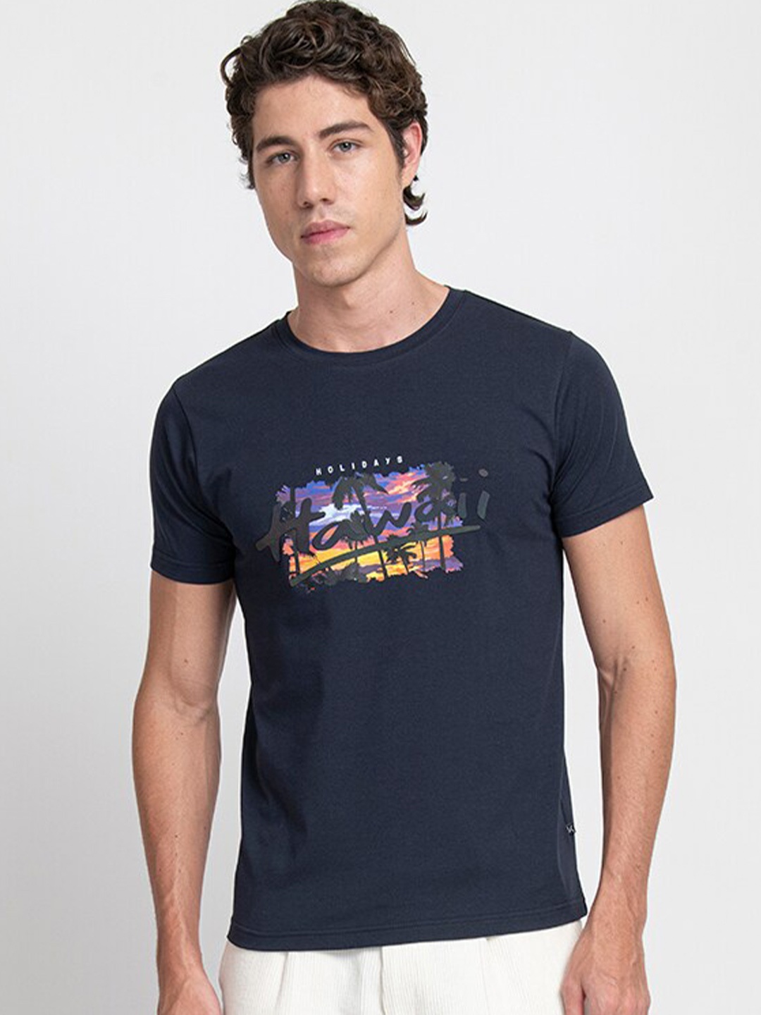 

KISSOSS Printed Slim Fit Cotton T-shirt, Blue