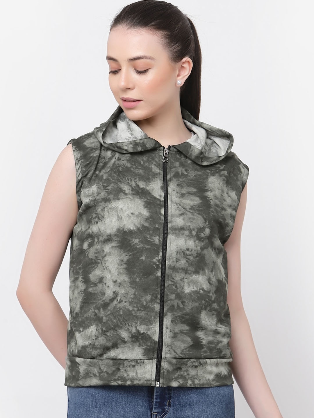 

UZARUS Abstract Printed Hooded Lightweight Sporty Jacket, Green