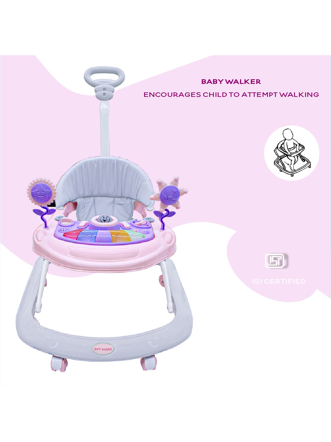 

Born Babies Infants Adjustable Height & Foldable Walker, Pink