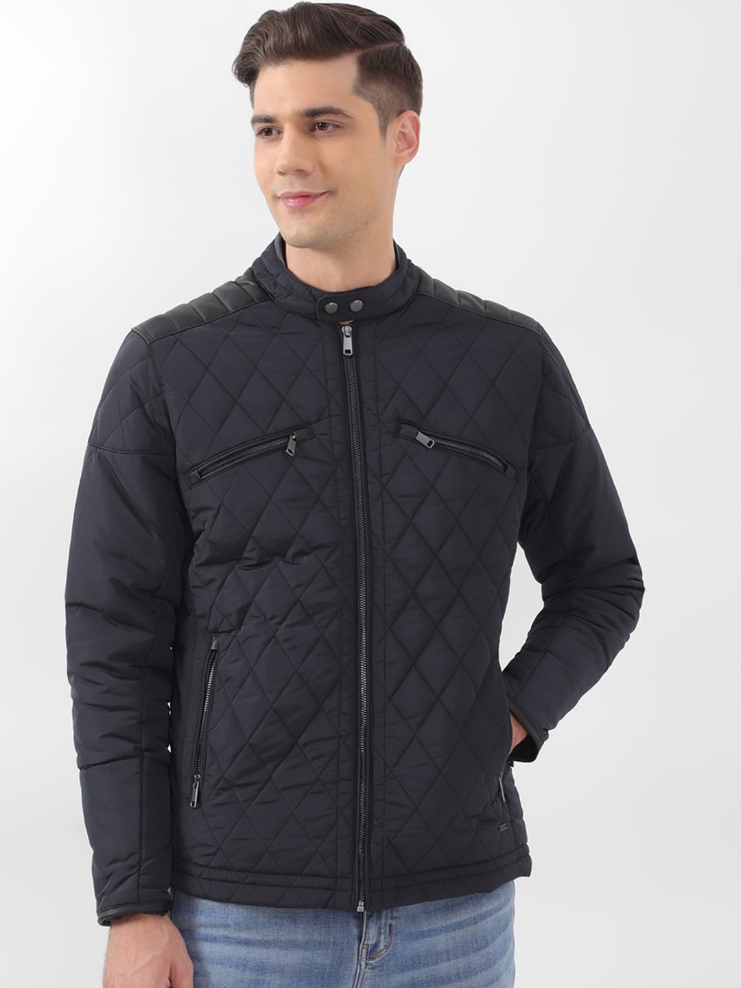 

Peter England Casuals Stand Collar Casual Quilted Jacket, Navy blue