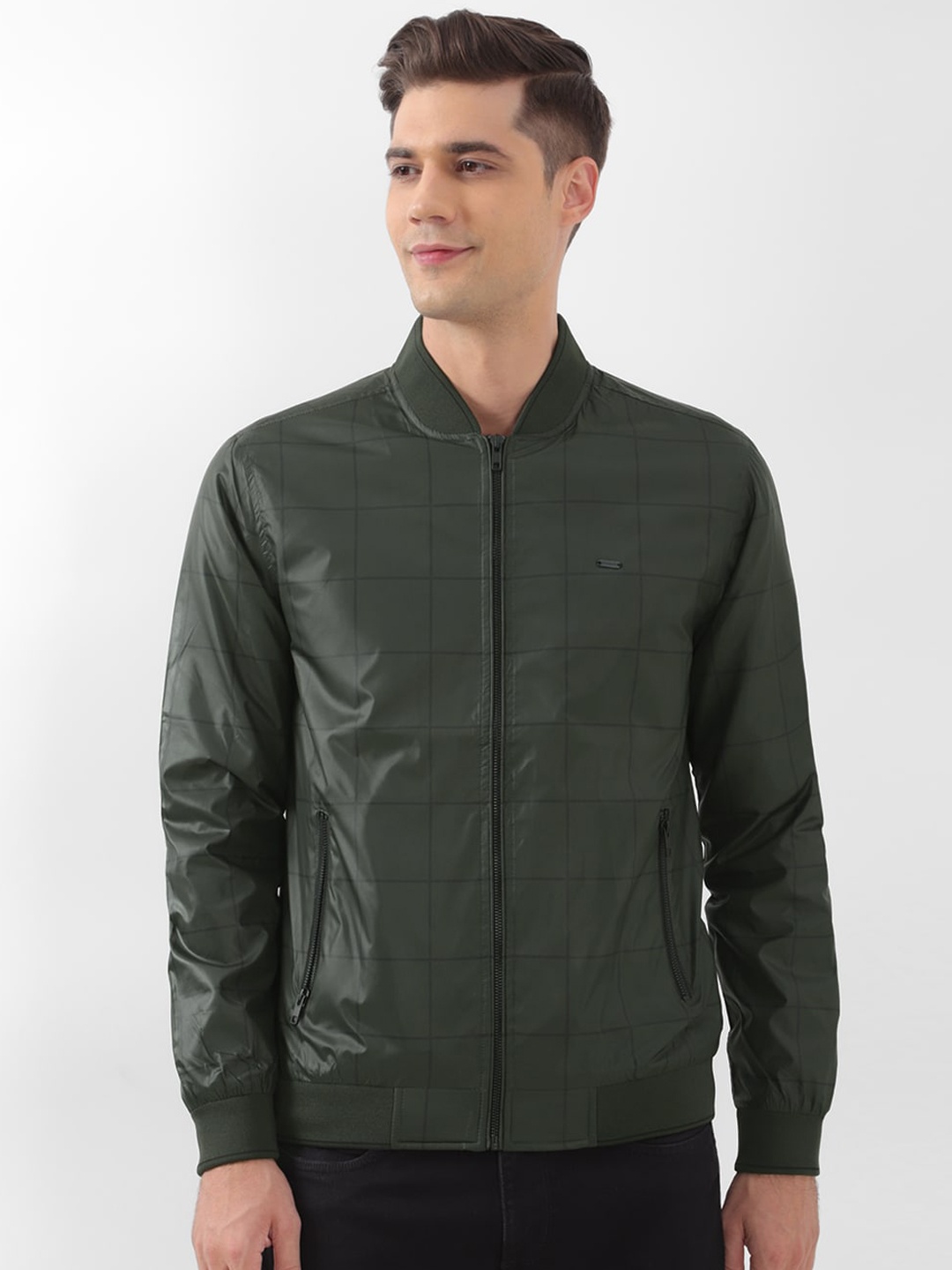

Peter England Casuals Stand Collar Checked Bomber Jacket, Green