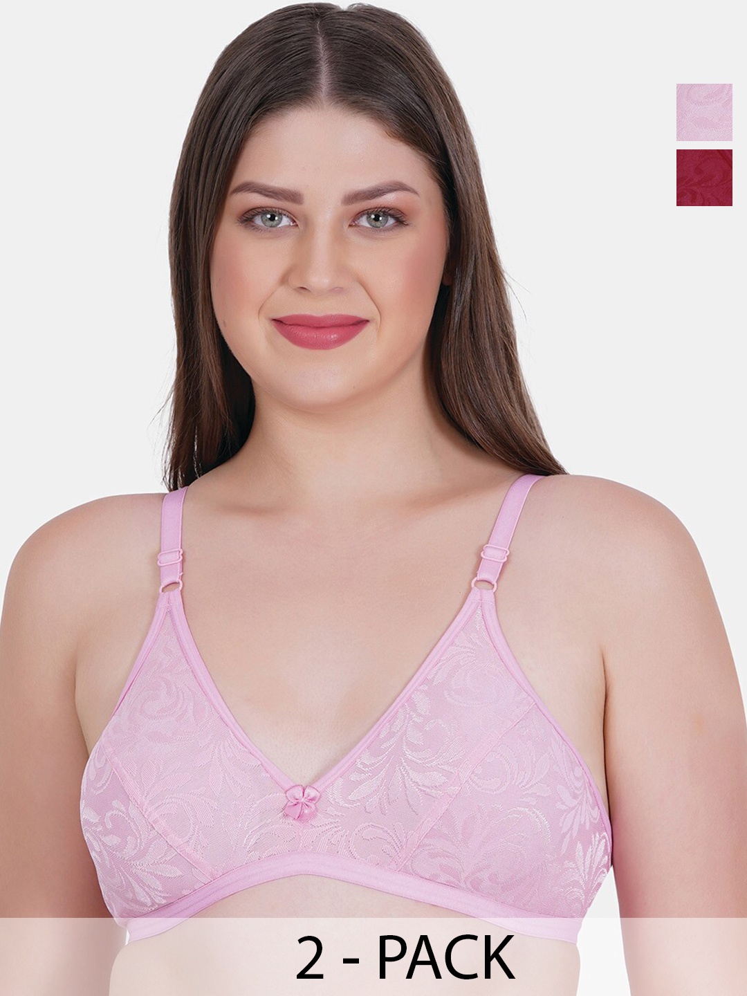 

Reveira Pack Of 2 Floral Self Designed Dry Fit Everyday Bra Medium Coverage Non Padded, Pink