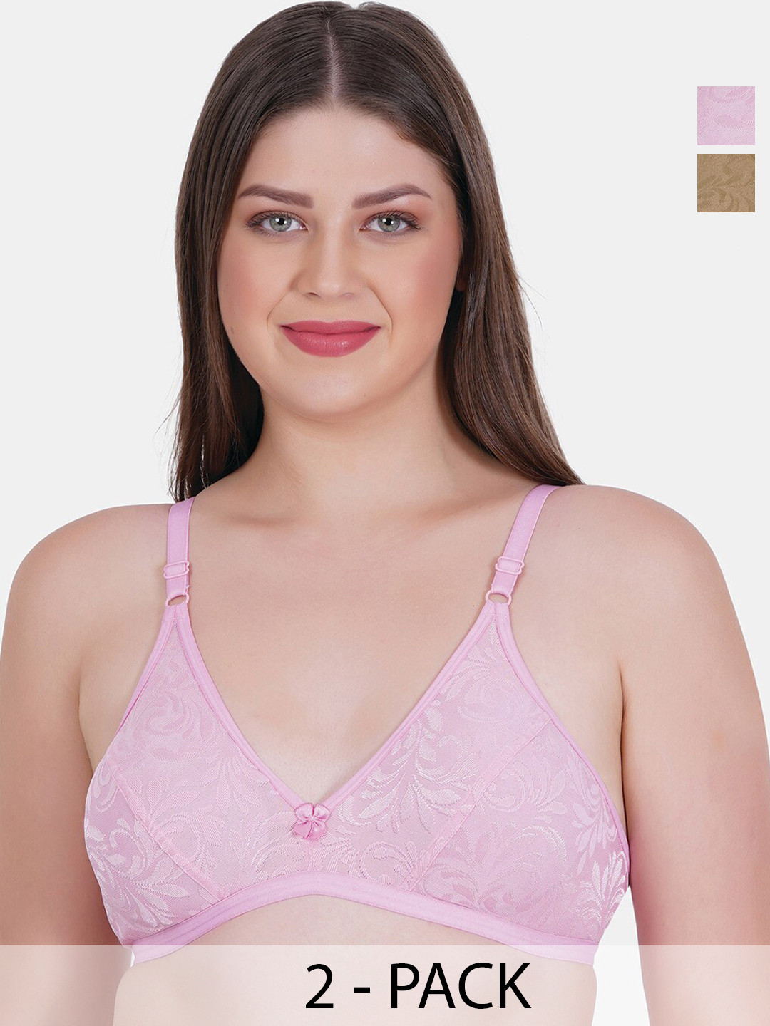

Reveira Pack Of 2 Medium Coverage Self Design Everyday Bras With All Day Comfort, Pink